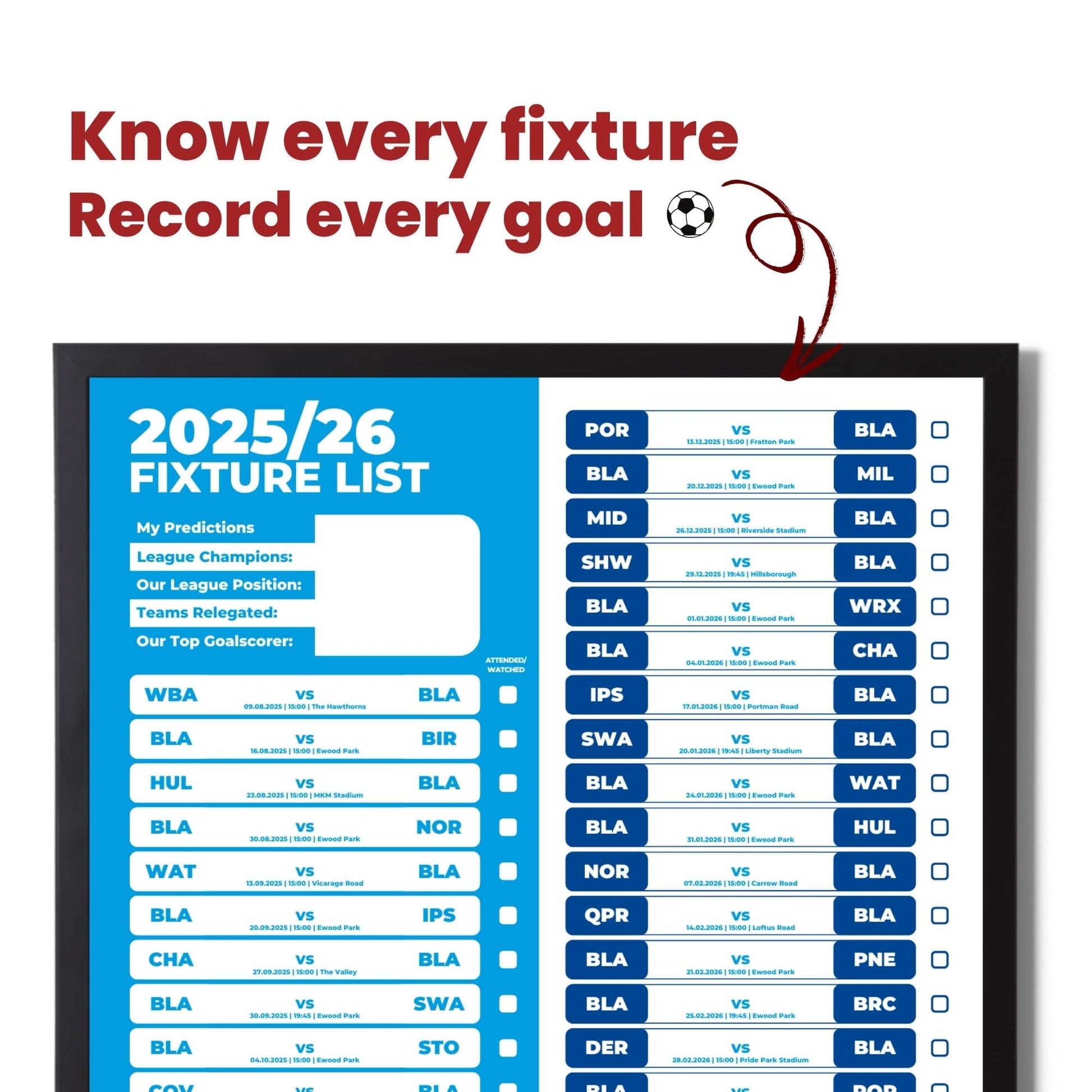 Championship Clubs - 2025/26 Football Fixture Poster - A3 Size (29.7x42cm)