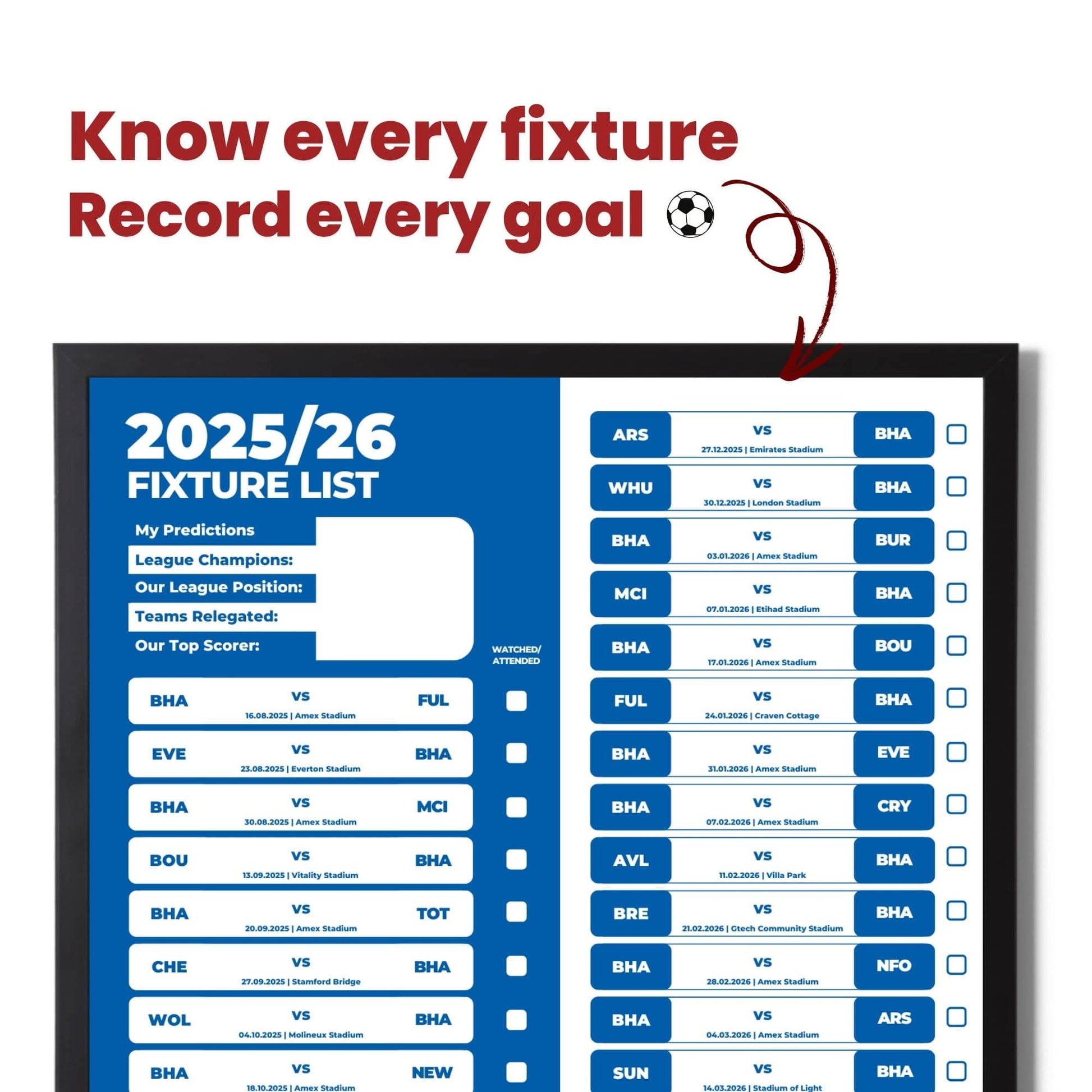 Premier League Clubs - 2025/26 Football Fixture Poster - A3 Size (29.7x42cm)