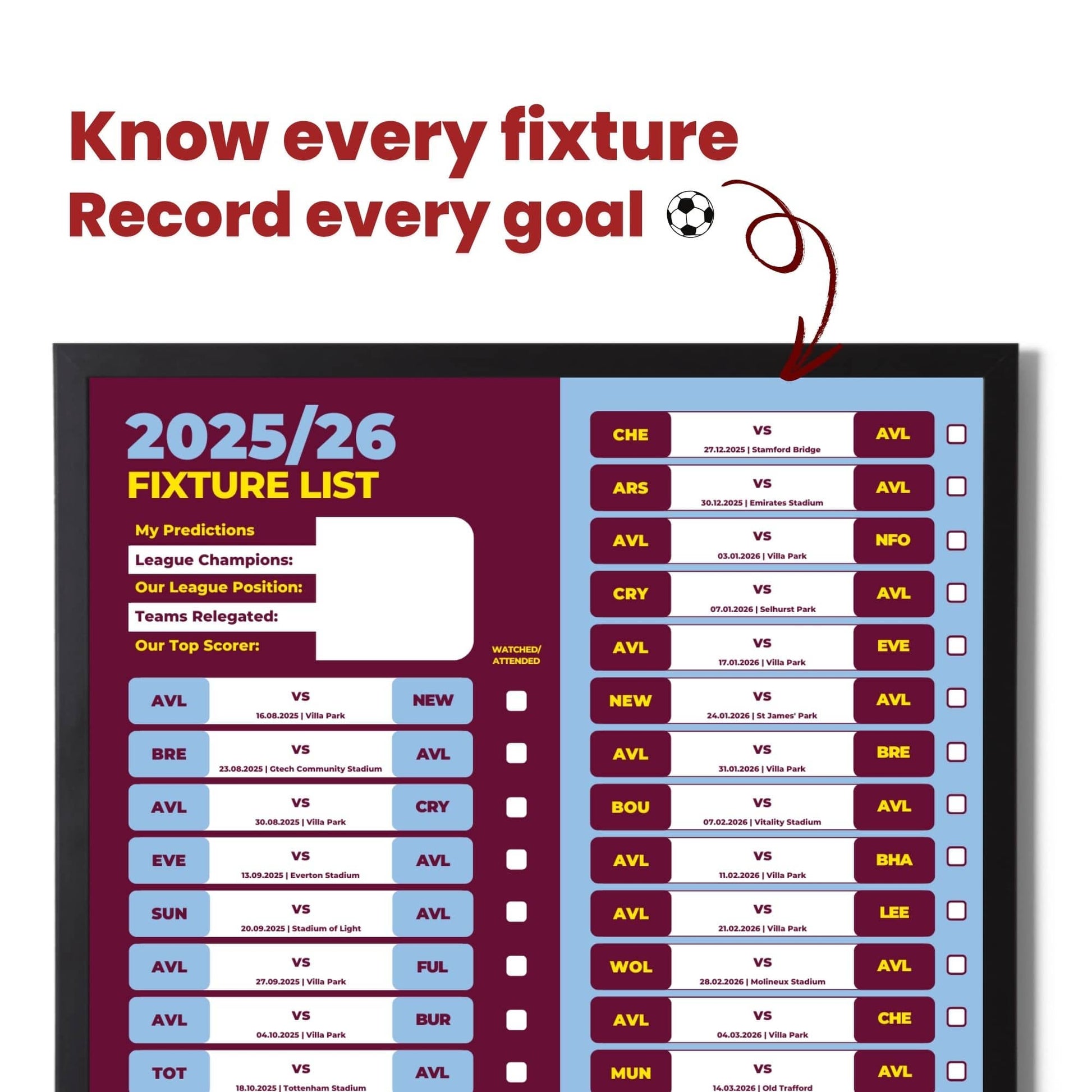Premier League Clubs - 2025/26 Football Fixture Poster - A3 Size (29.7x42cm)