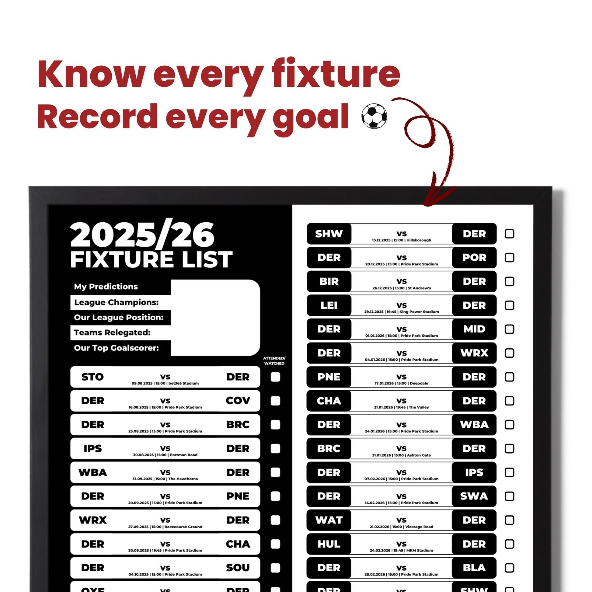 Championship Clubs - 2025/26 Football Fixture Poster - A3 Size (29.7x42cm)