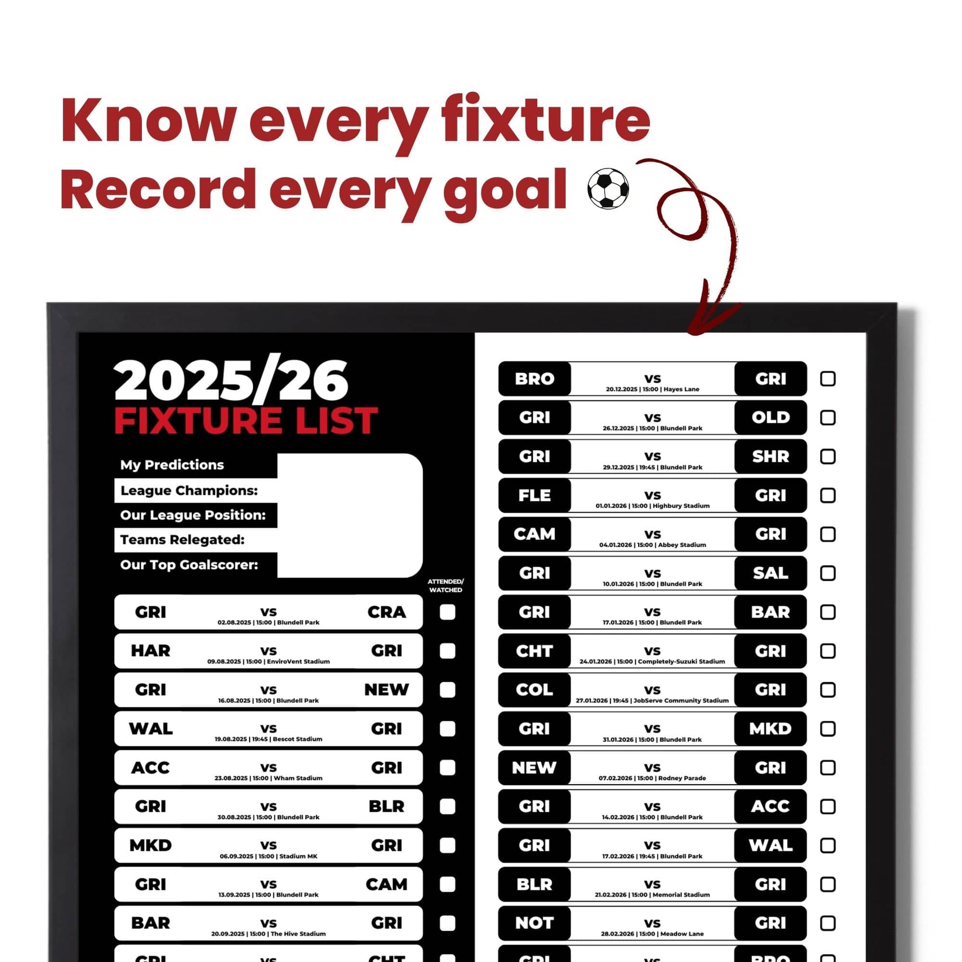 League 2 Clubs - 2025/26 Football Fixture Poster - A3 Size (29.7x42cm)