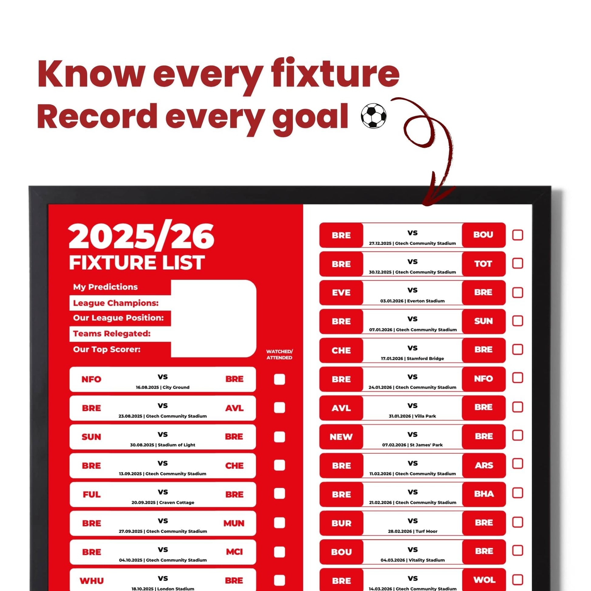 Premier League Clubs - 2025/26 Football Fixture Poster - A3 Size (29.7x42cm)