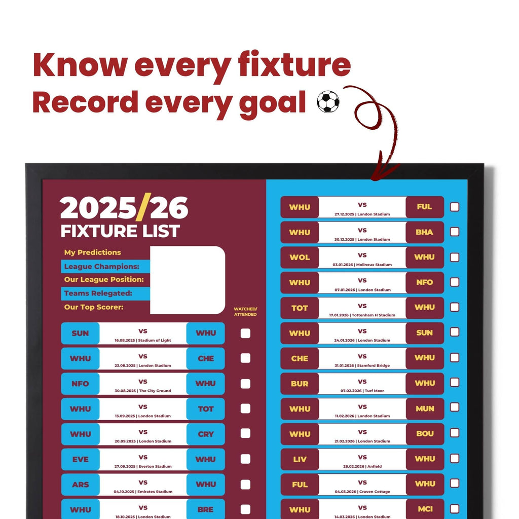 Premier League Clubs - 2025/26 Football Fixture Poster - A3 Size (29.7x42cm)