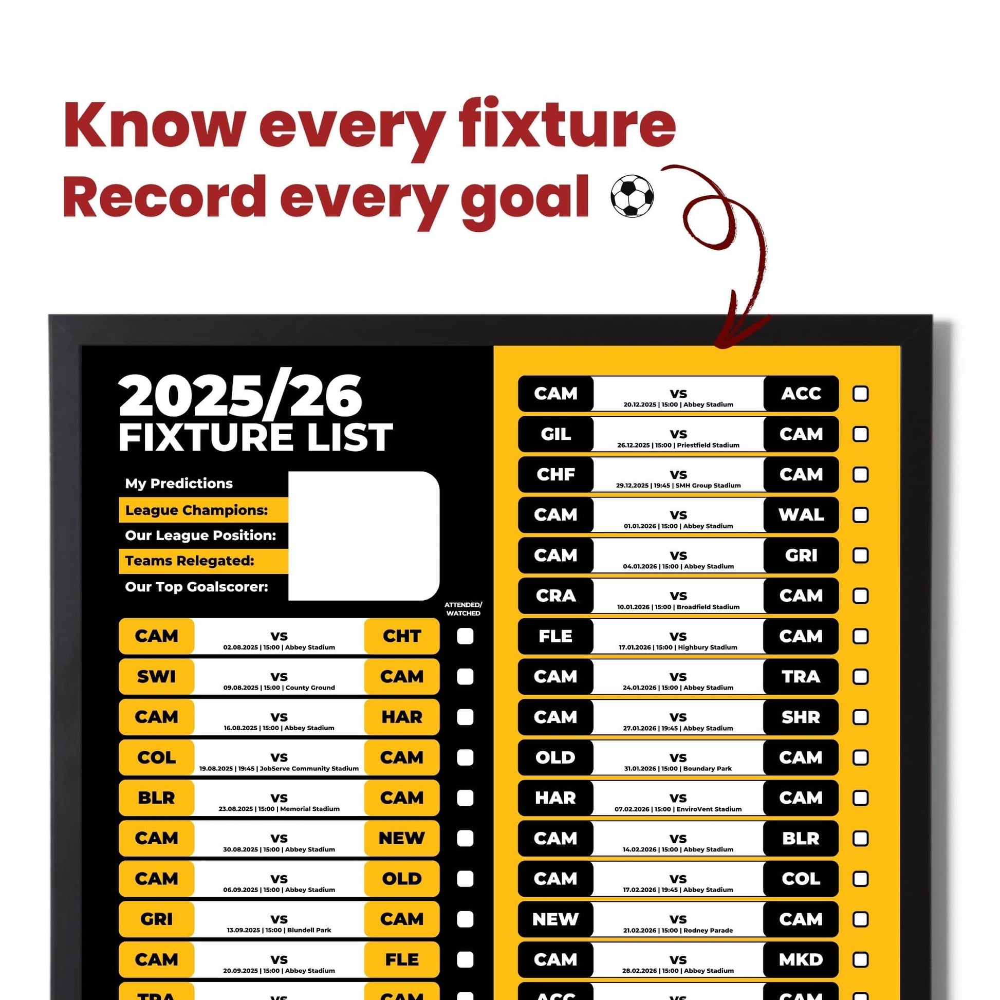 League 2 Clubs - 2025/26 Football Fixture Poster - A3 Size (29.7x42cm)