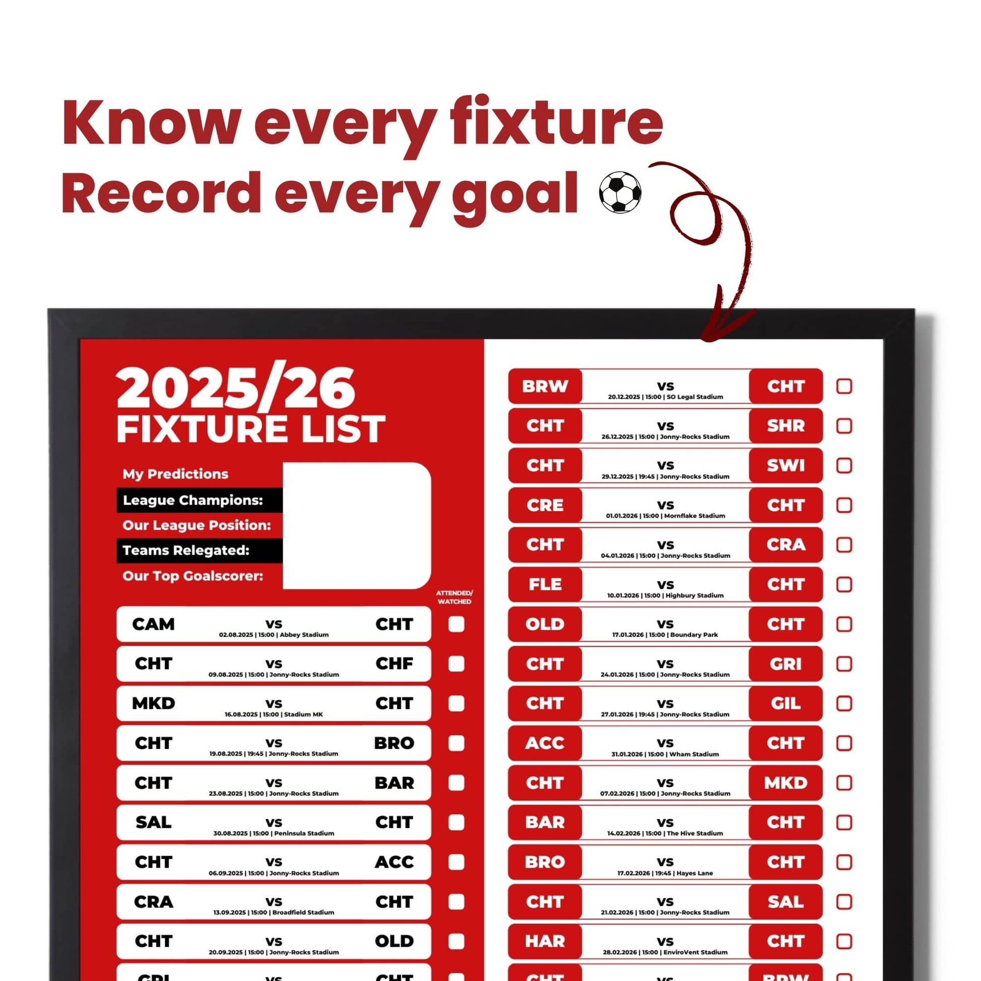 League 2 Clubs - 2025/26 Football Fixture Poster - A3 Size (29.7x42cm)