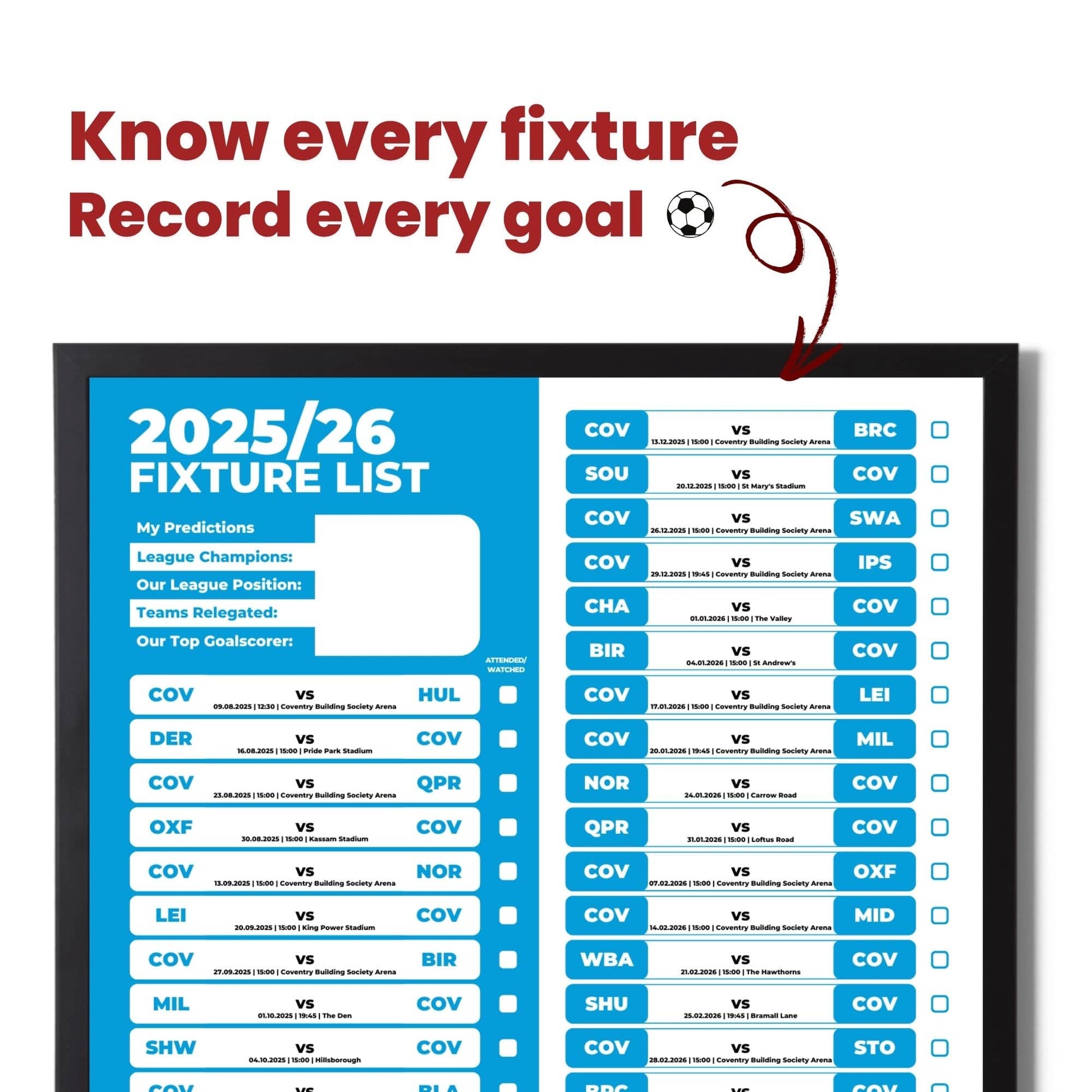 Championship Clubs - 2025/26 Football Fixture Poster - A3 Size (29.7x42cm)
