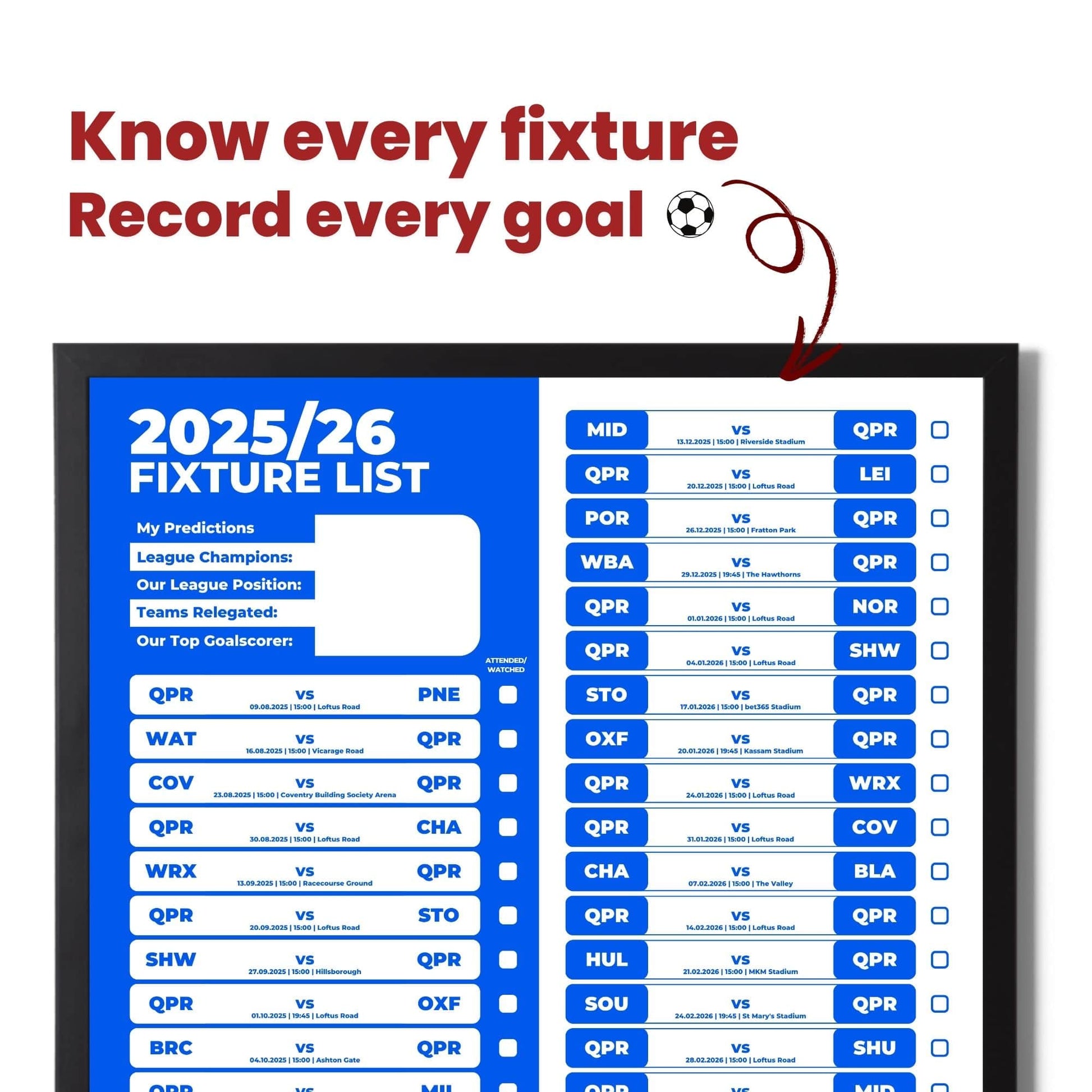 Championship Clubs - 2025/26 Football Fixture Poster - A3 Size (29.7x42cm)