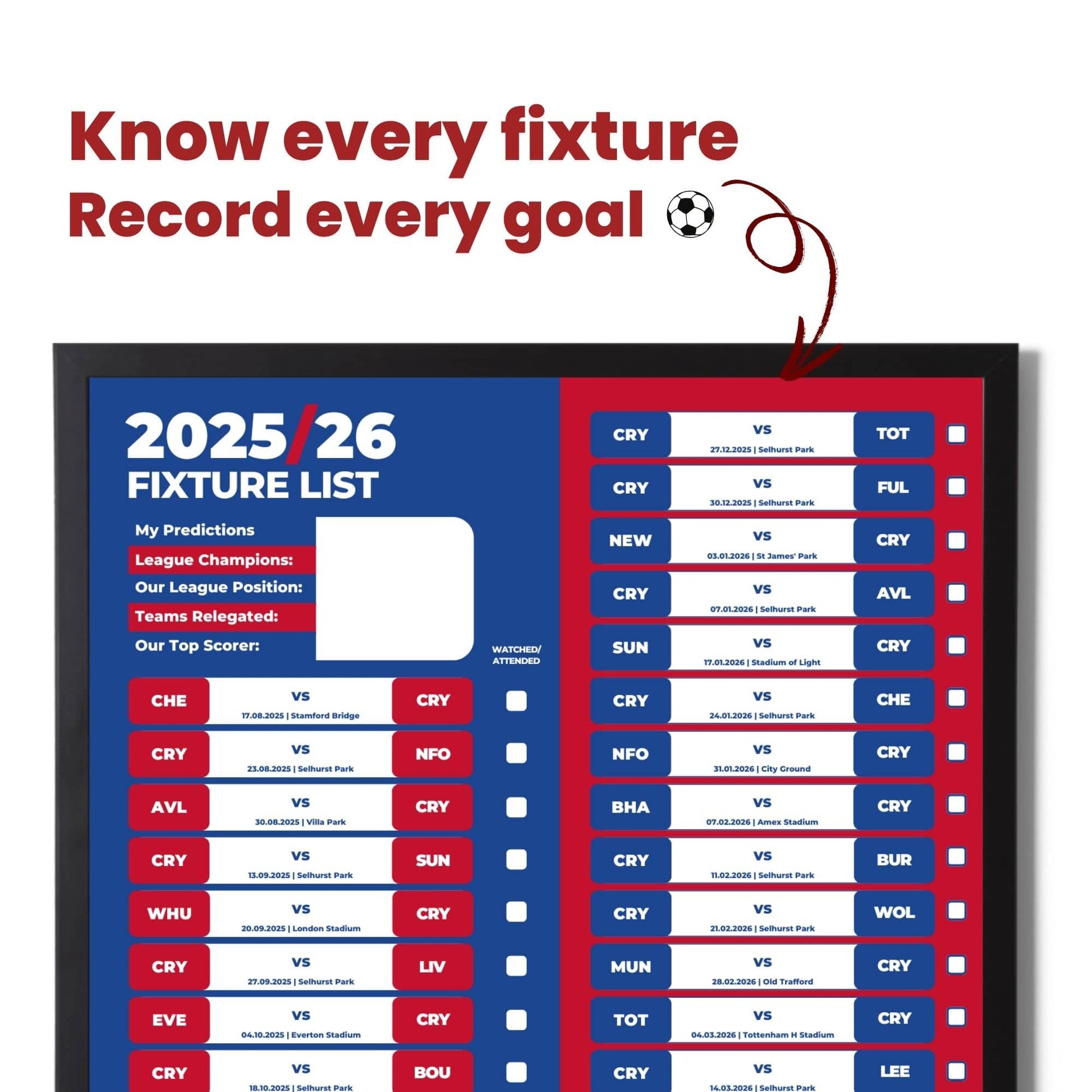 Premier League Clubs - 2025/26 Football Fixture Poster - A3 Size (29.7x42cm)