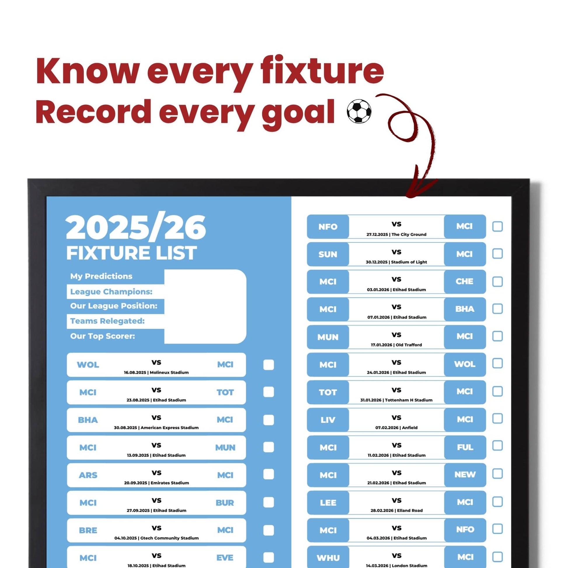 Premier League Clubs - 2025/26 Football Fixture Poster - A3 Size (29.7x42cm)