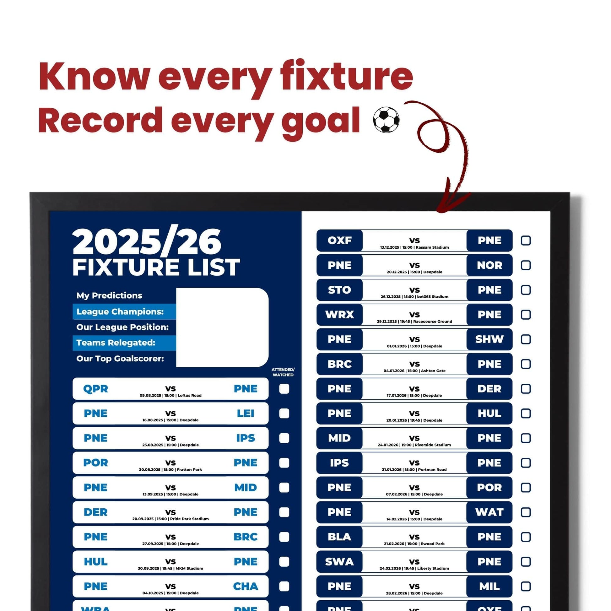 Championship Clubs - 2025/26 Football Fixture Poster - A3 Size (29.7x42cm)