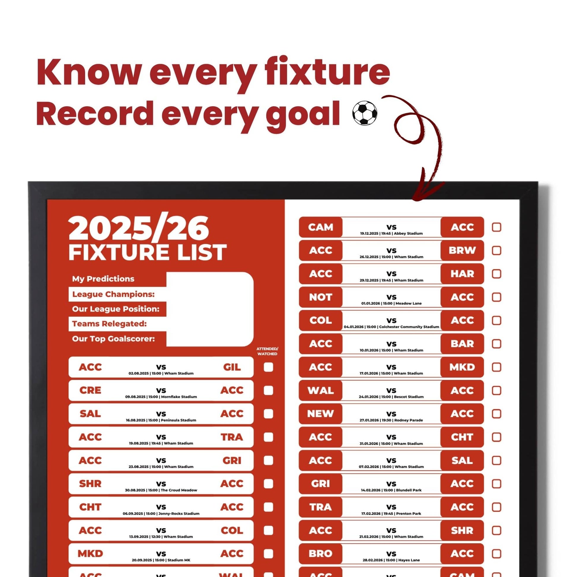League 2 Clubs - 2025/26 Football Fixture Poster - A3 Size (29.7x42cm)