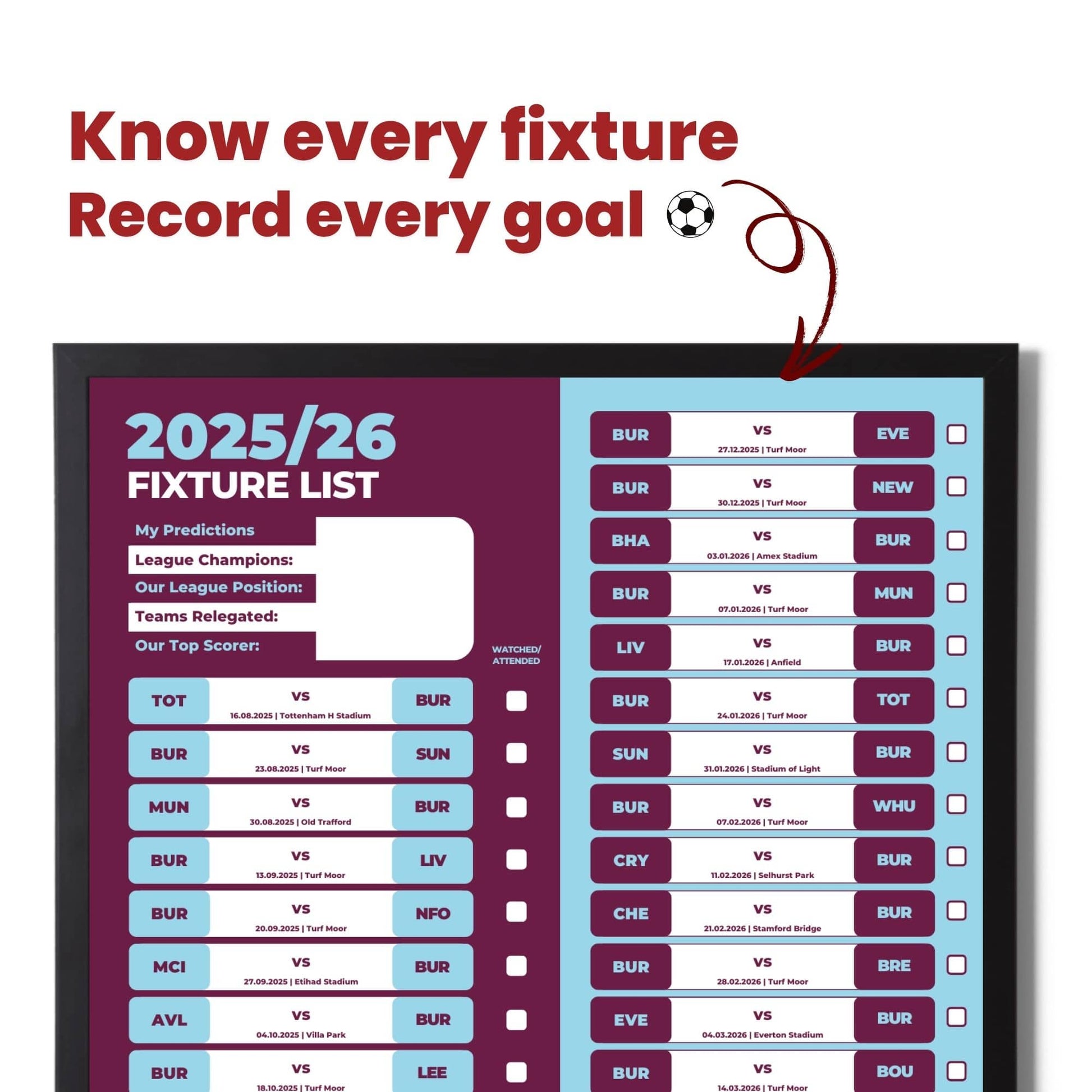 Premier League Clubs - 2025/26 Football Fixture Poster - A3 Size (29.7x42cm)
