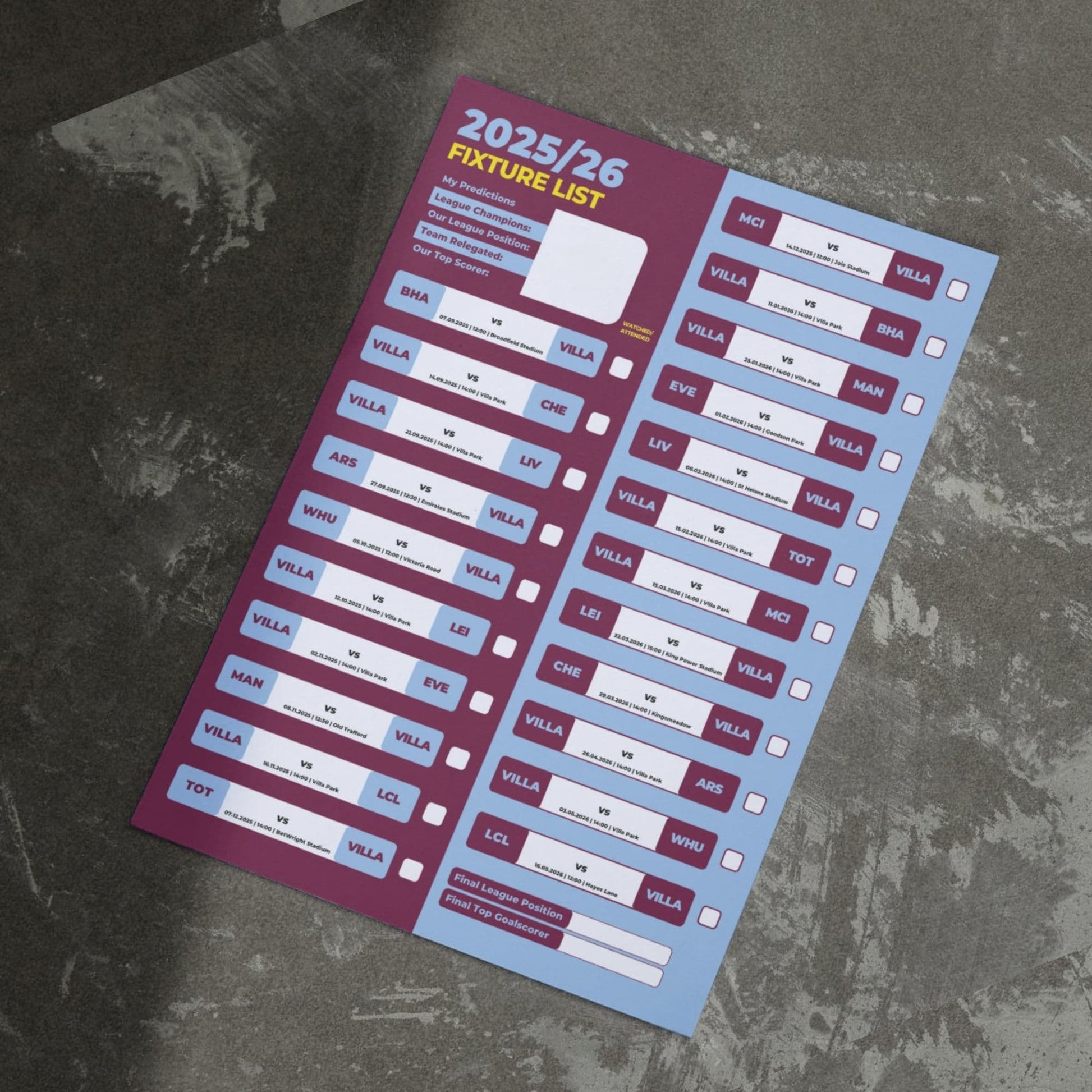 Women's Super League Clubs - 2025/26 Football Fixture Poster - A3 Size (29.7x42cm)
