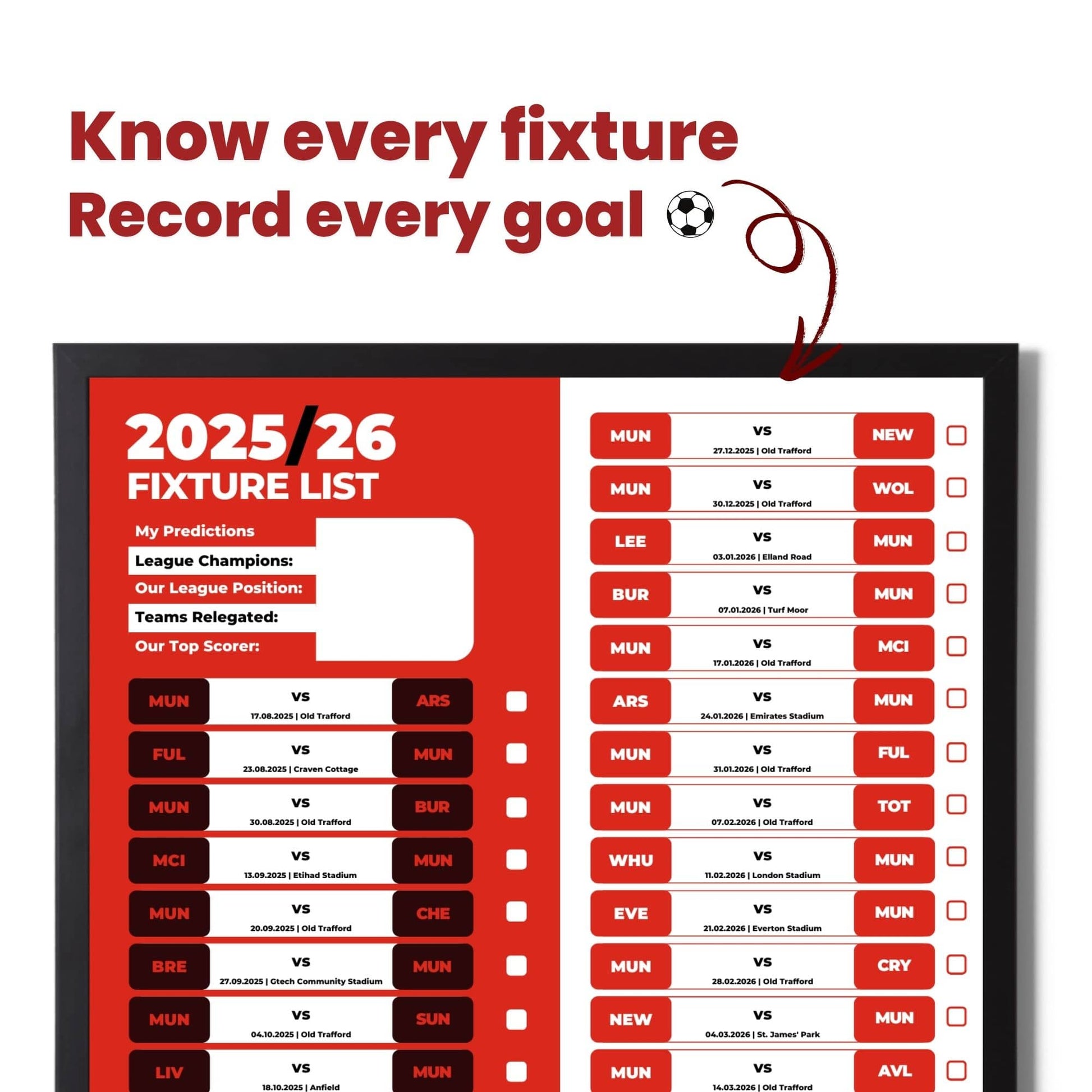 Premier League Clubs - 2025/26 Football Fixture Poster - A3 Size (29.7x42cm)
