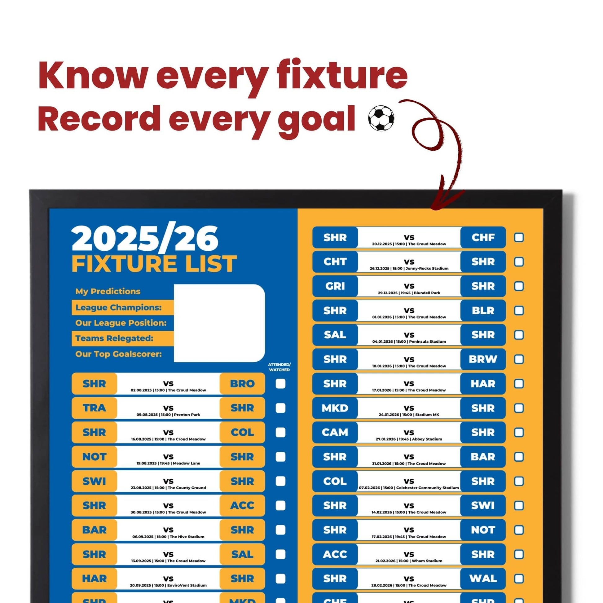 League 2 Clubs - 2025/26 Football Fixture Poster - A3 Size (29.7x42cm)