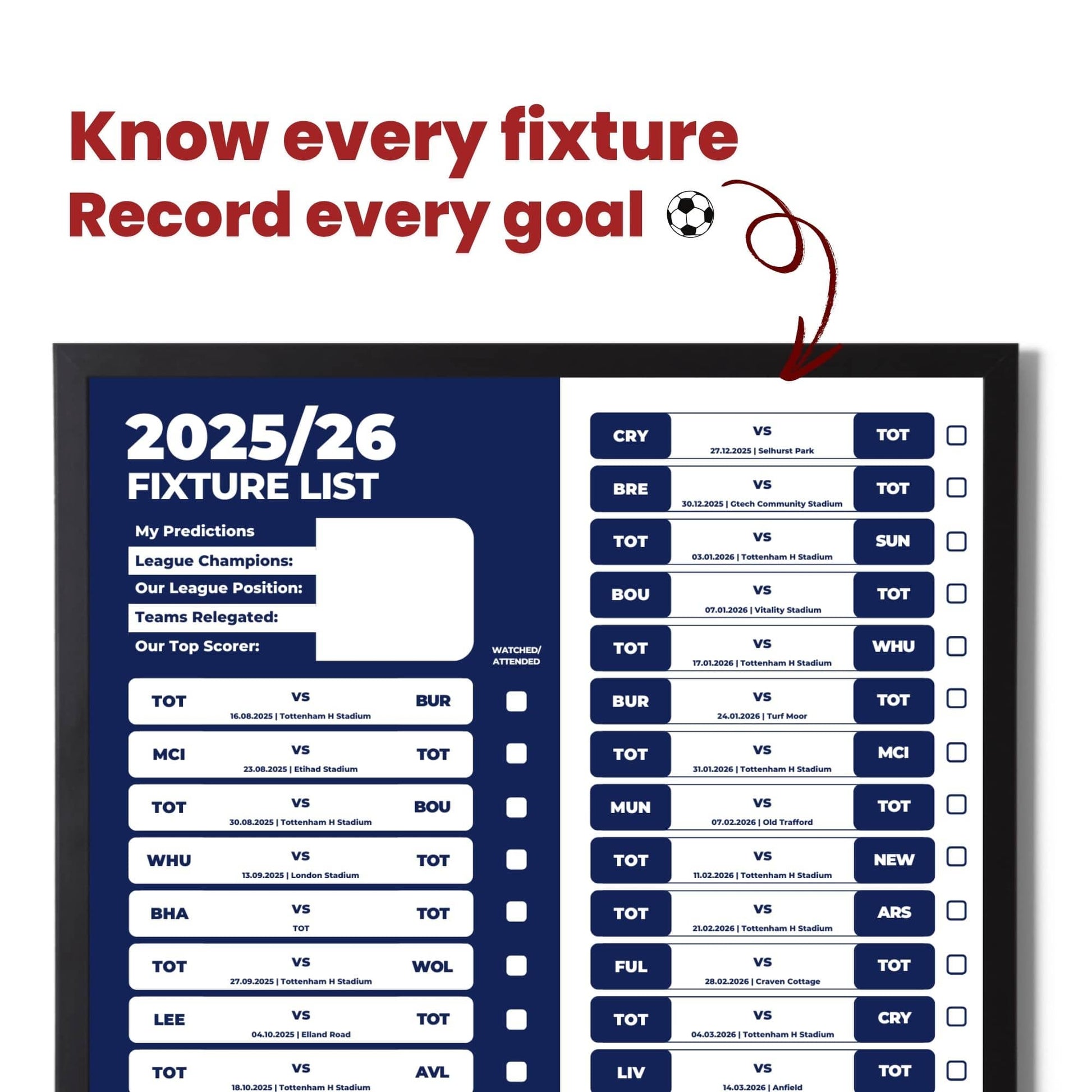 Premier League Clubs - 2025/26 Football Fixture Poster - A3 Size (29.7x42cm)