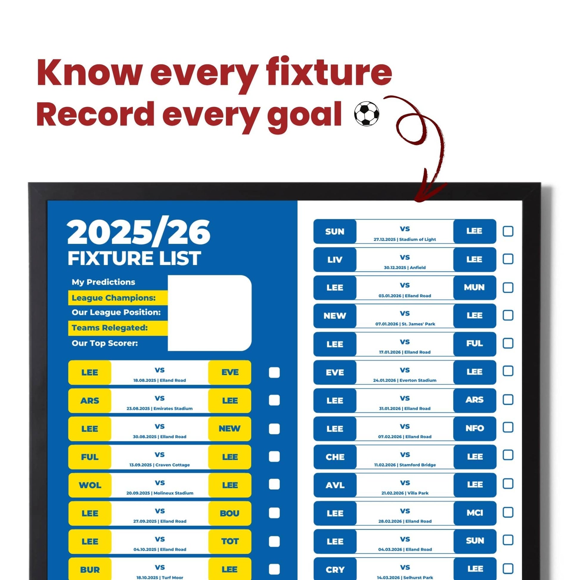 Premier League Clubs - 2025/26 Football Fixture Poster - A3 Size (29.7x42cm)