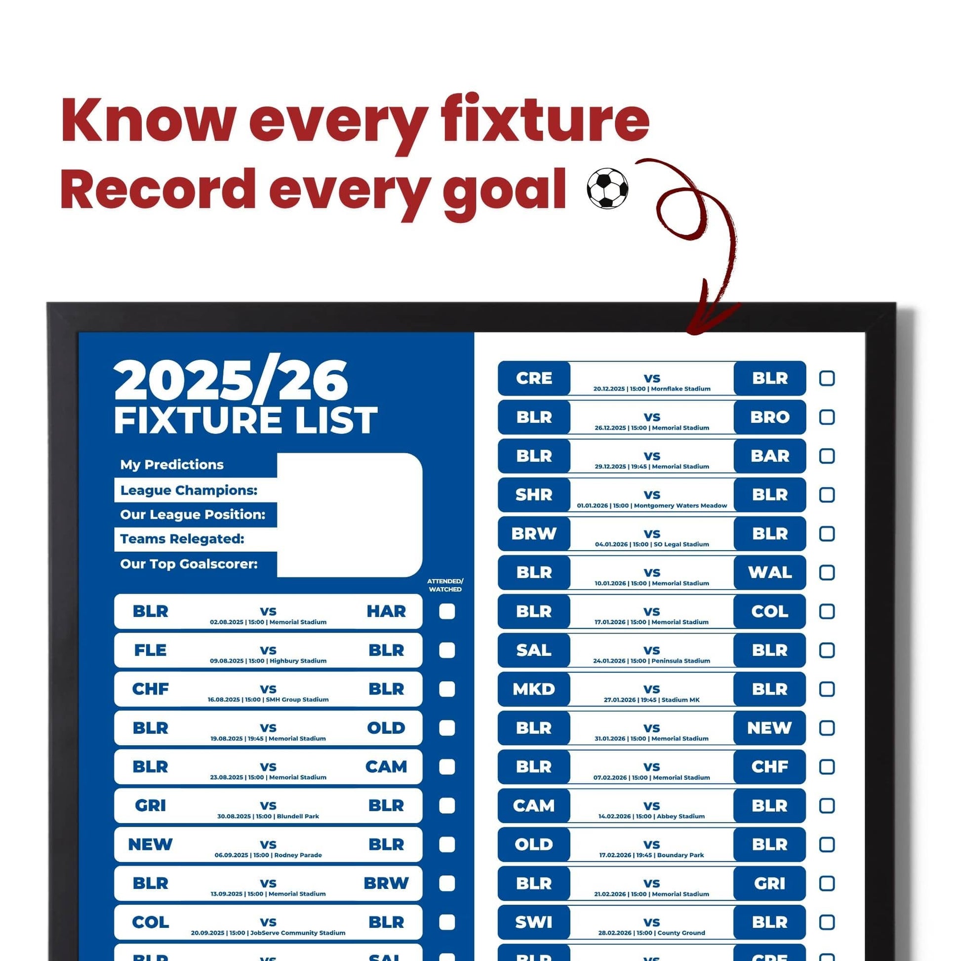 League 2 Clubs - 2025/26 Football Fixture Poster - A3 Size (29.7x42cm)