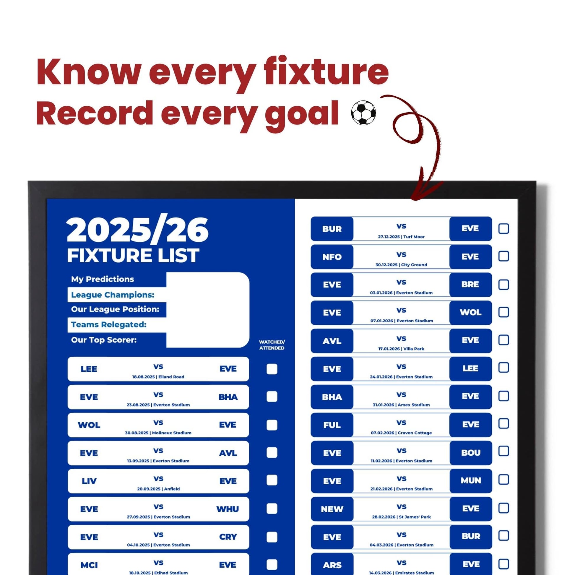 Premier League Clubs - 2025/26 Football Fixture Poster - A3 Size (29.7x42cm)