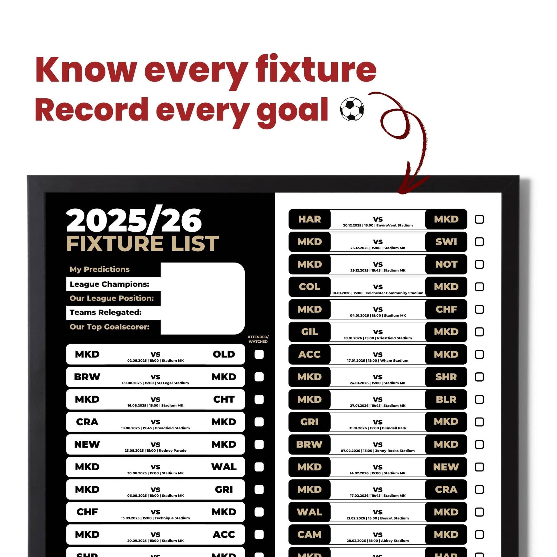 League 2 Clubs - 2025/26 Football Fixture Poster - A3 Size (29.7x42cm)