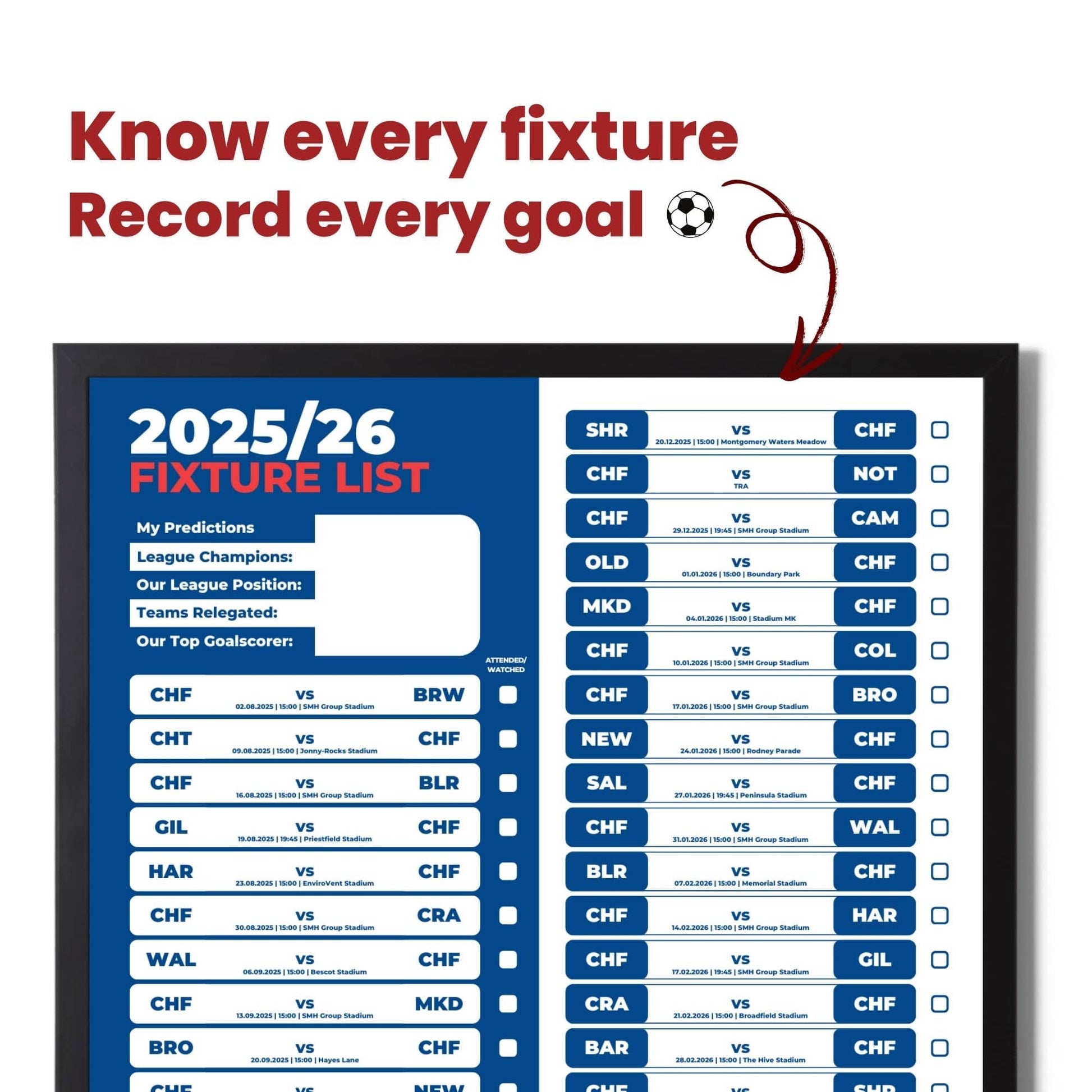 League 2 Clubs - 2025/26 Football Fixture Poster - A3 Size (29.7x42cm)