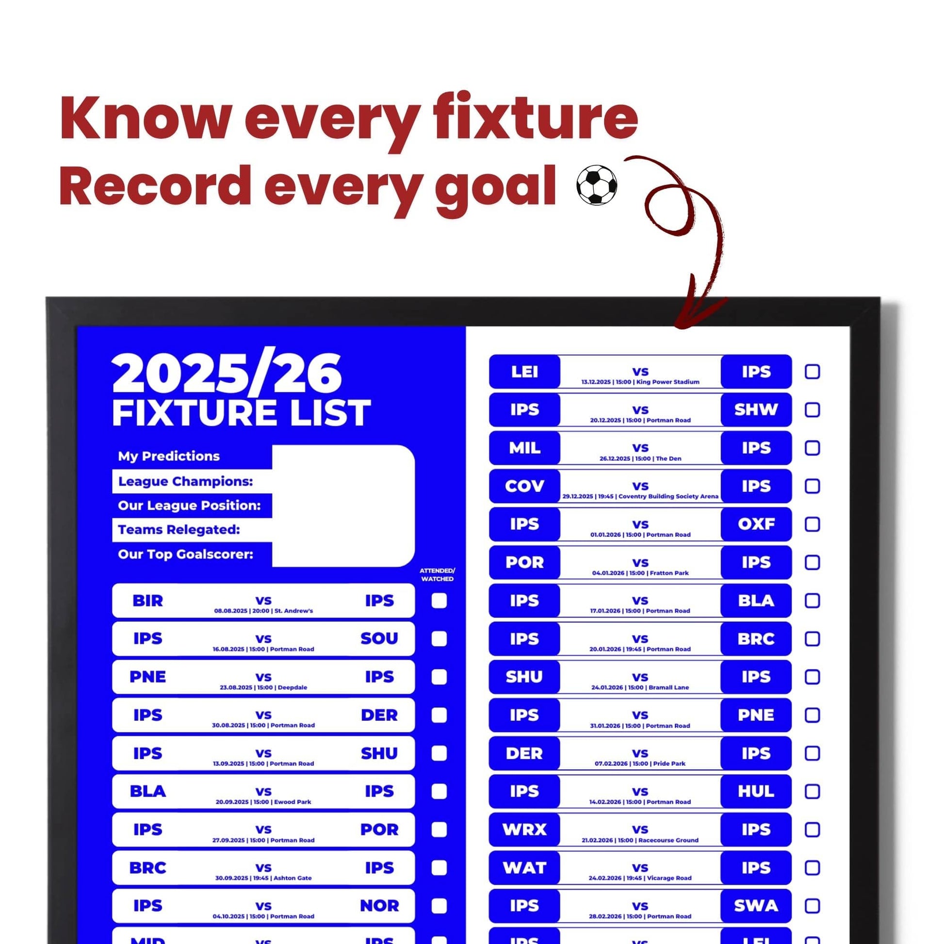 Championship Clubs - 2025/26 Football Fixture Poster - A3 Size (29.7x42cm)