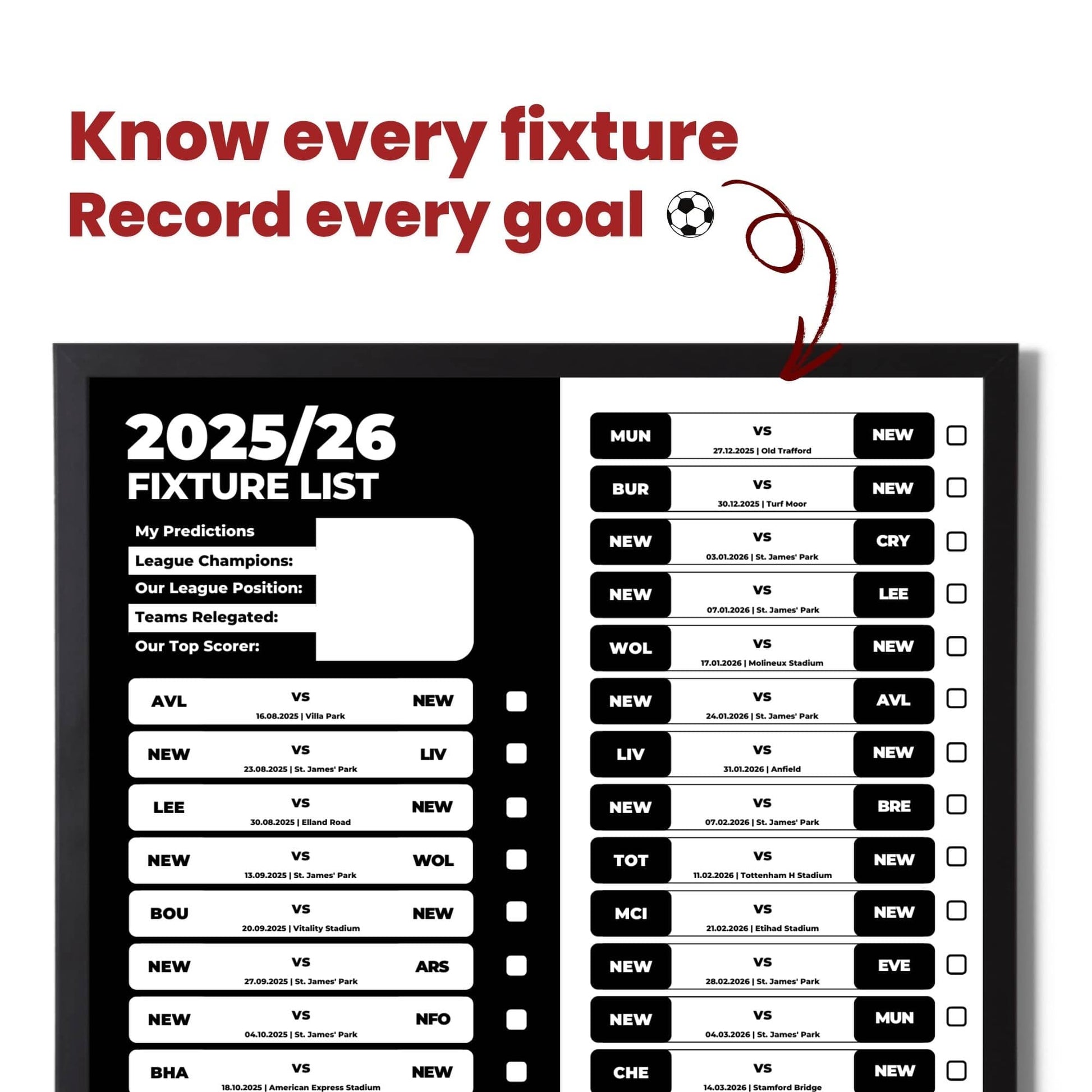 Premier League Clubs - 2025/26 Football Fixture Poster - A3 Size (29.7x42cm)