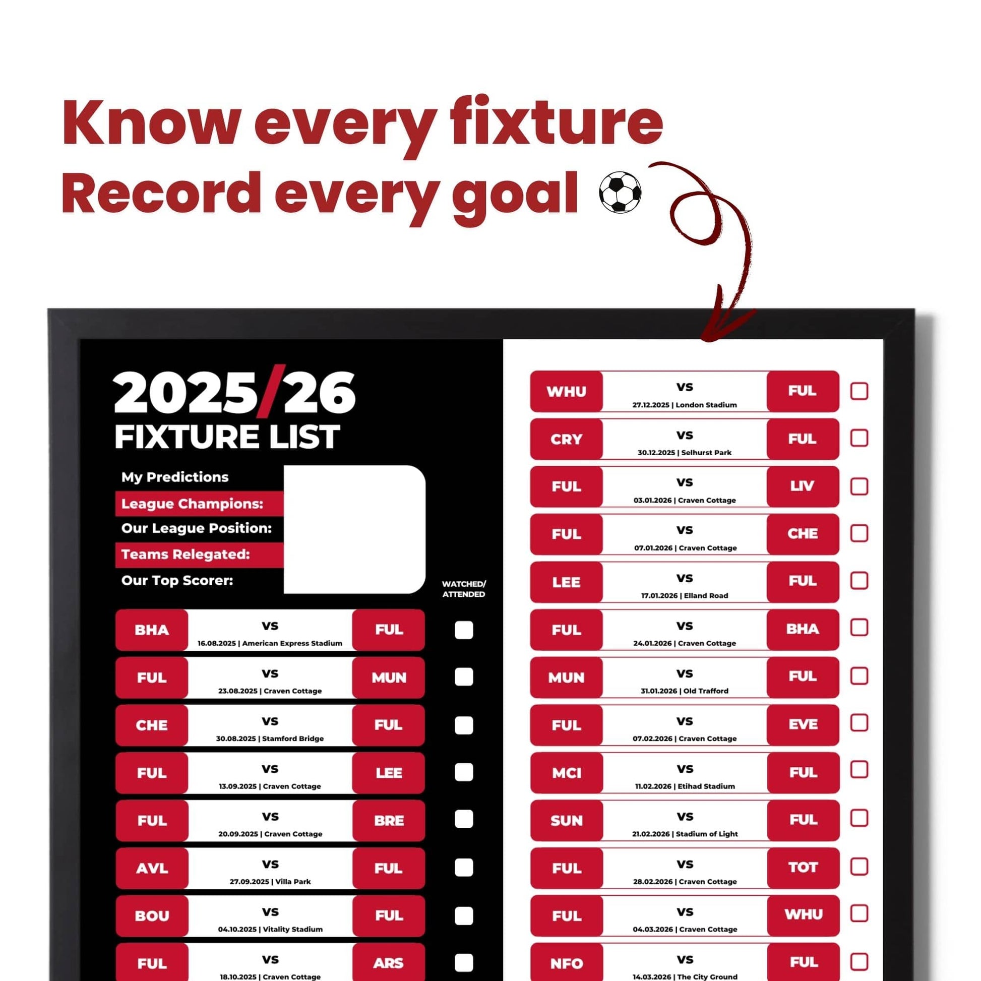 Premier League Clubs - 2025/26 Football Fixture Poster - A3 Size (29.7x42cm)