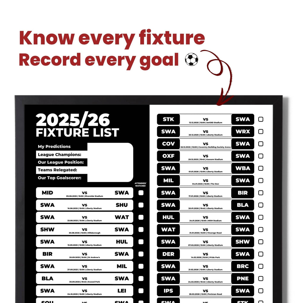 Championship Clubs - 2025/26 Football Fixture Poster - A3 Size (29.7x42cm)