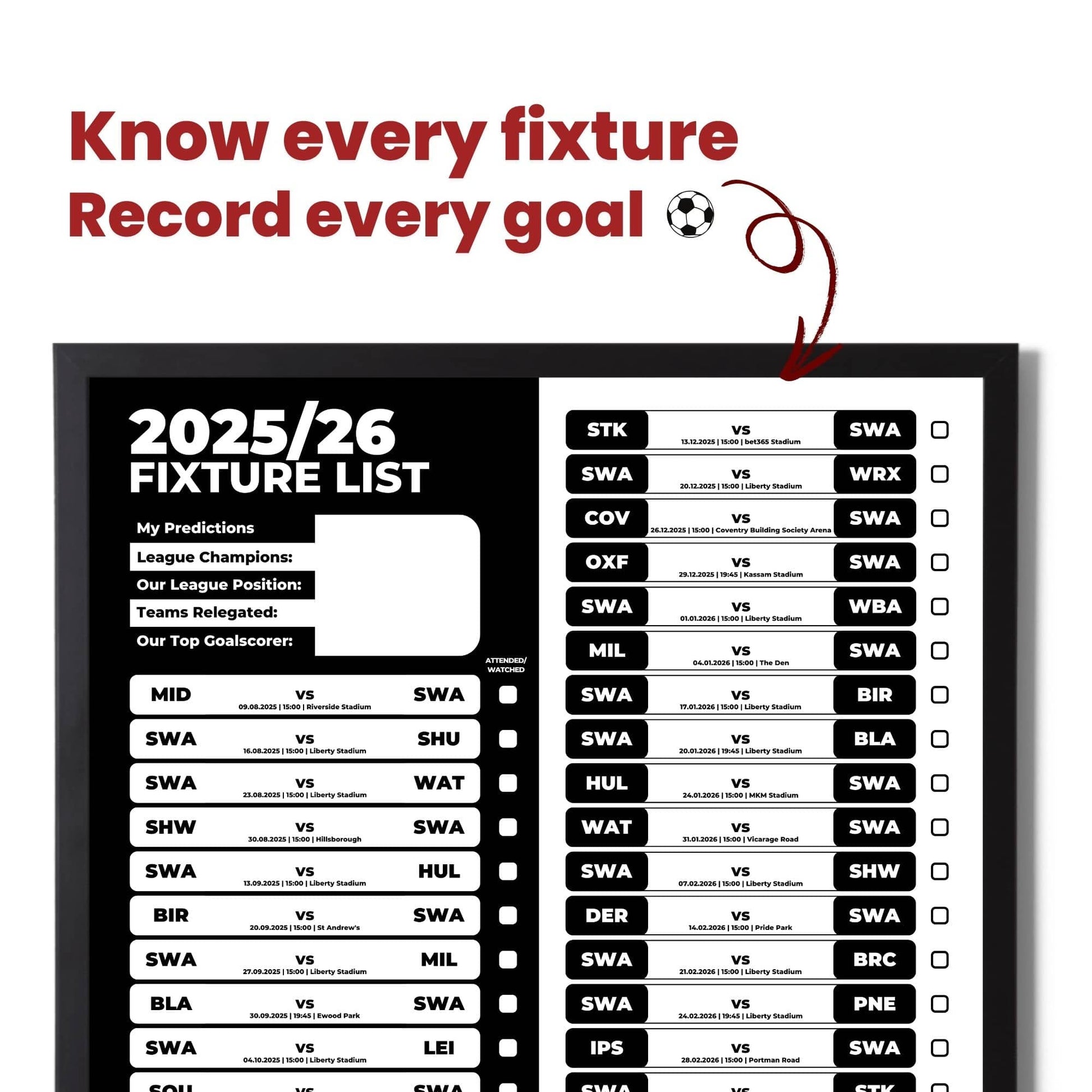 Championship Clubs - 2025/26 Football Fixture Poster - A3 Size (29.7x42cm)
