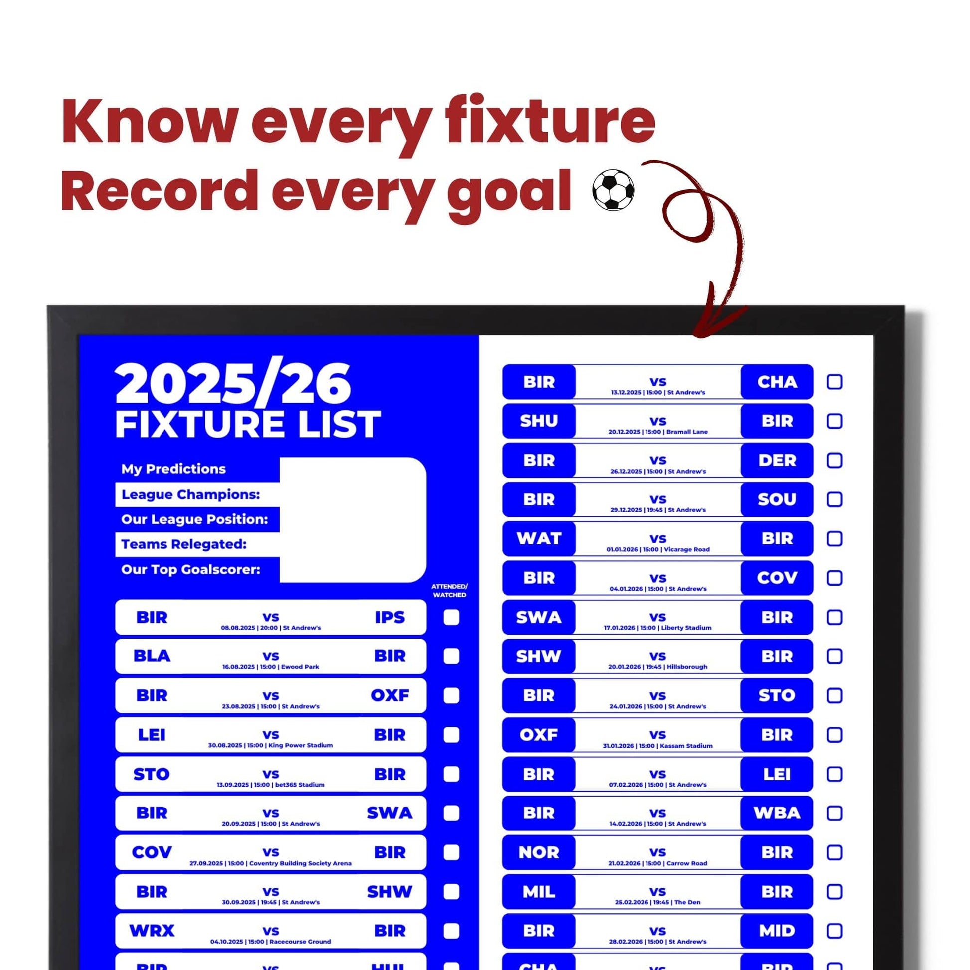 Championship Clubs - 2025/26 Football Fixture Poster - A3 Size (29.7x42cm)