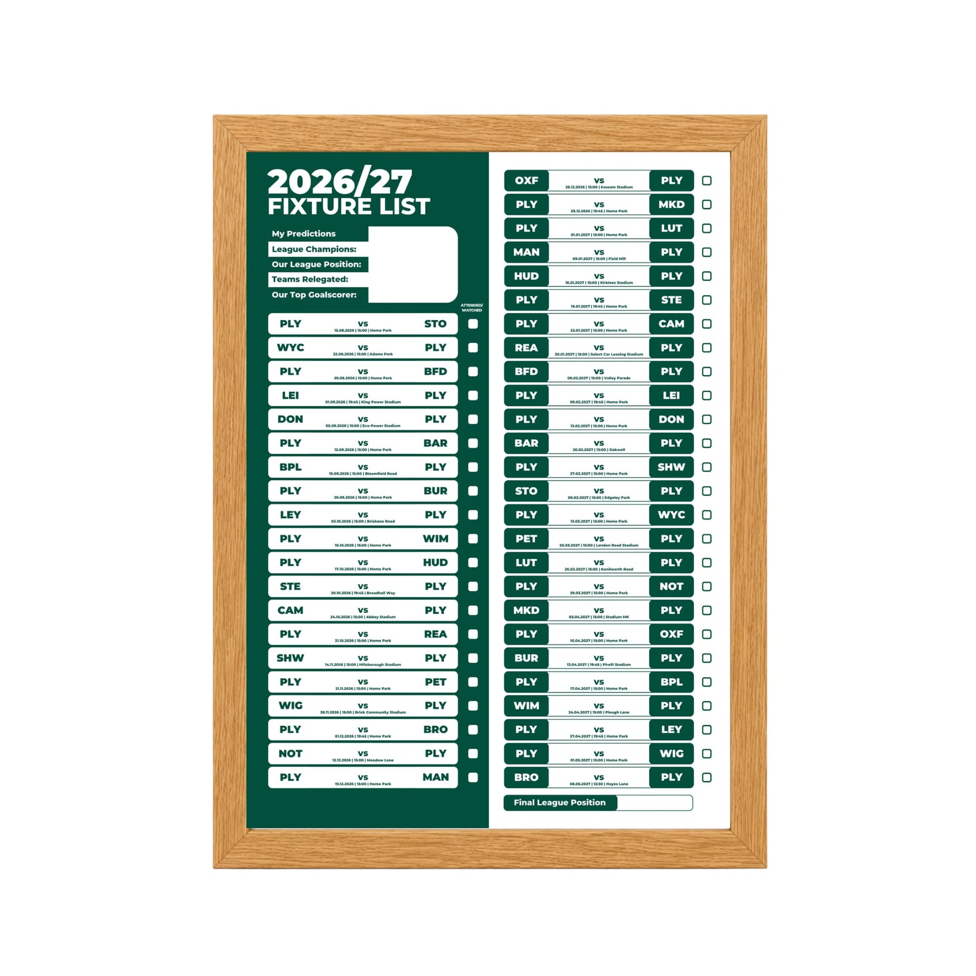 Plymouth Argyle — Oak Frame Mockup