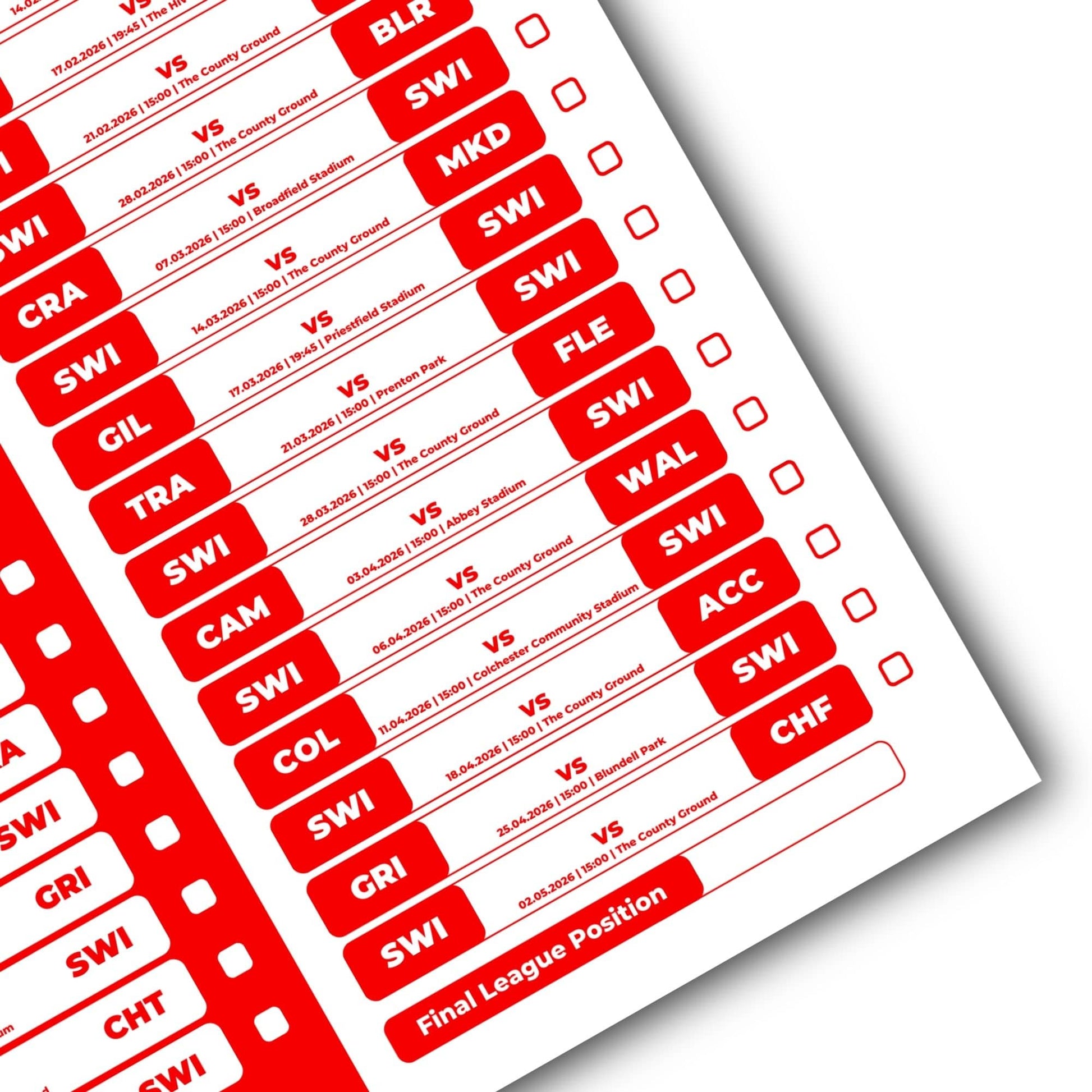League 2 Clubs - 2025/26 Football Fixture Poster - A3 Size (29.7x42cm)