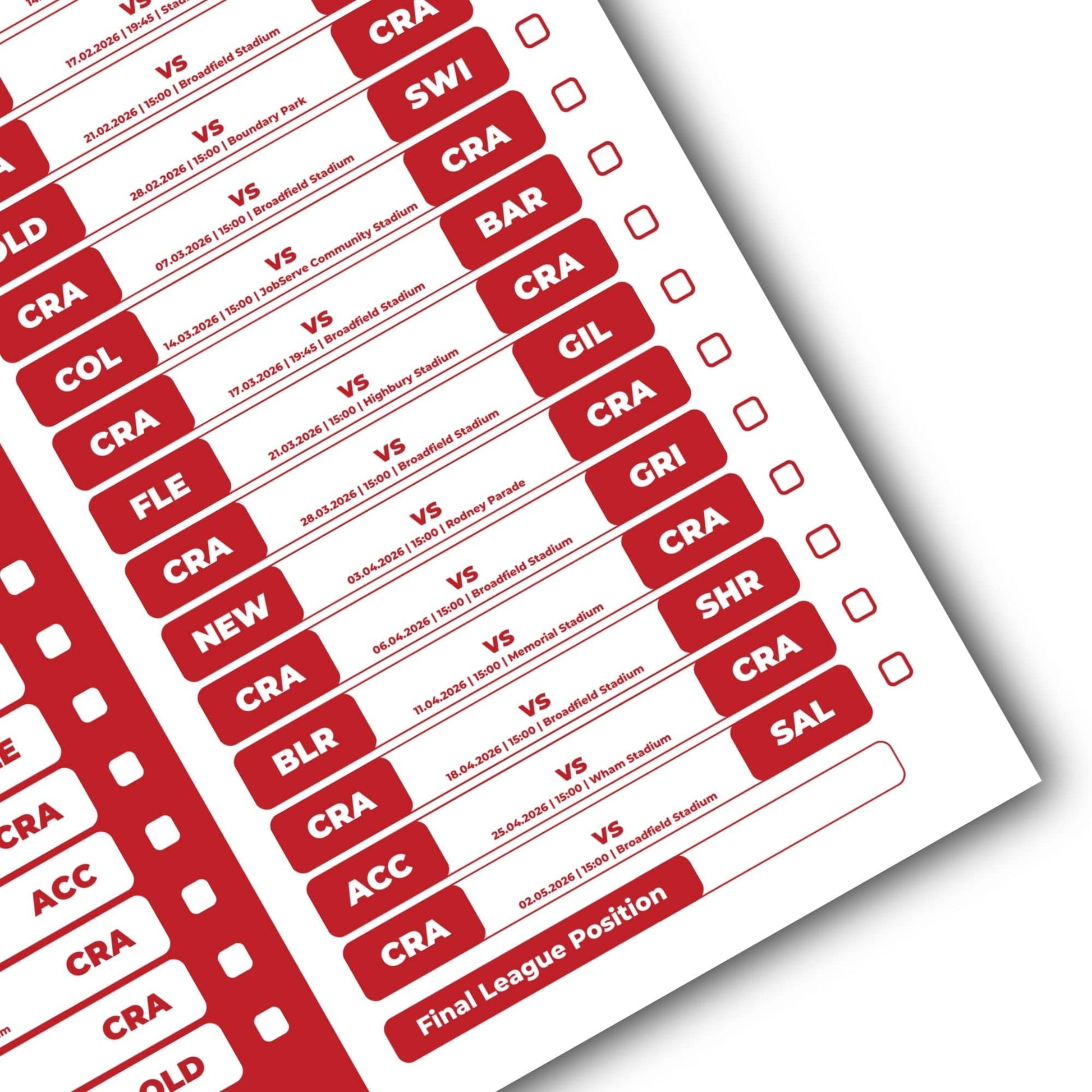 League 2 Clubs - 2025/26 Football Fixture Poster - A3 Size (29.7x42cm)
