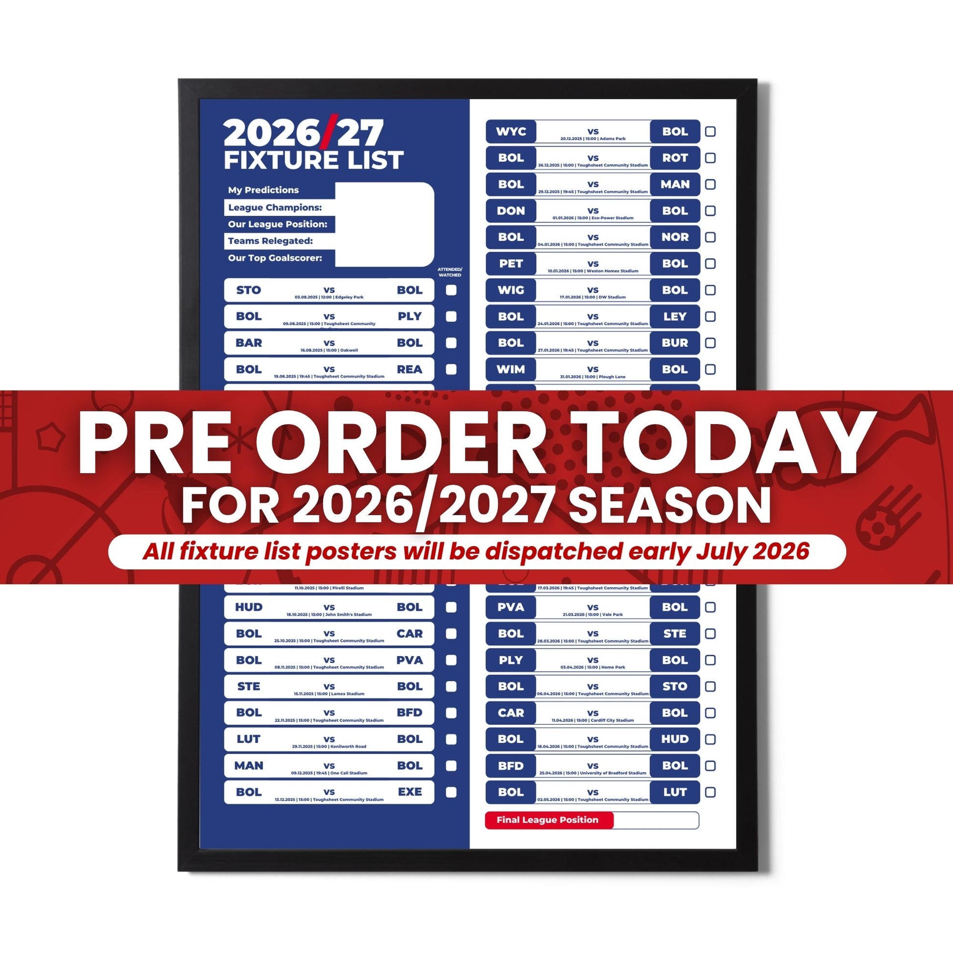 League 1 Clubs - 2026/27 Football Fixture Poster - Multiple Sizes