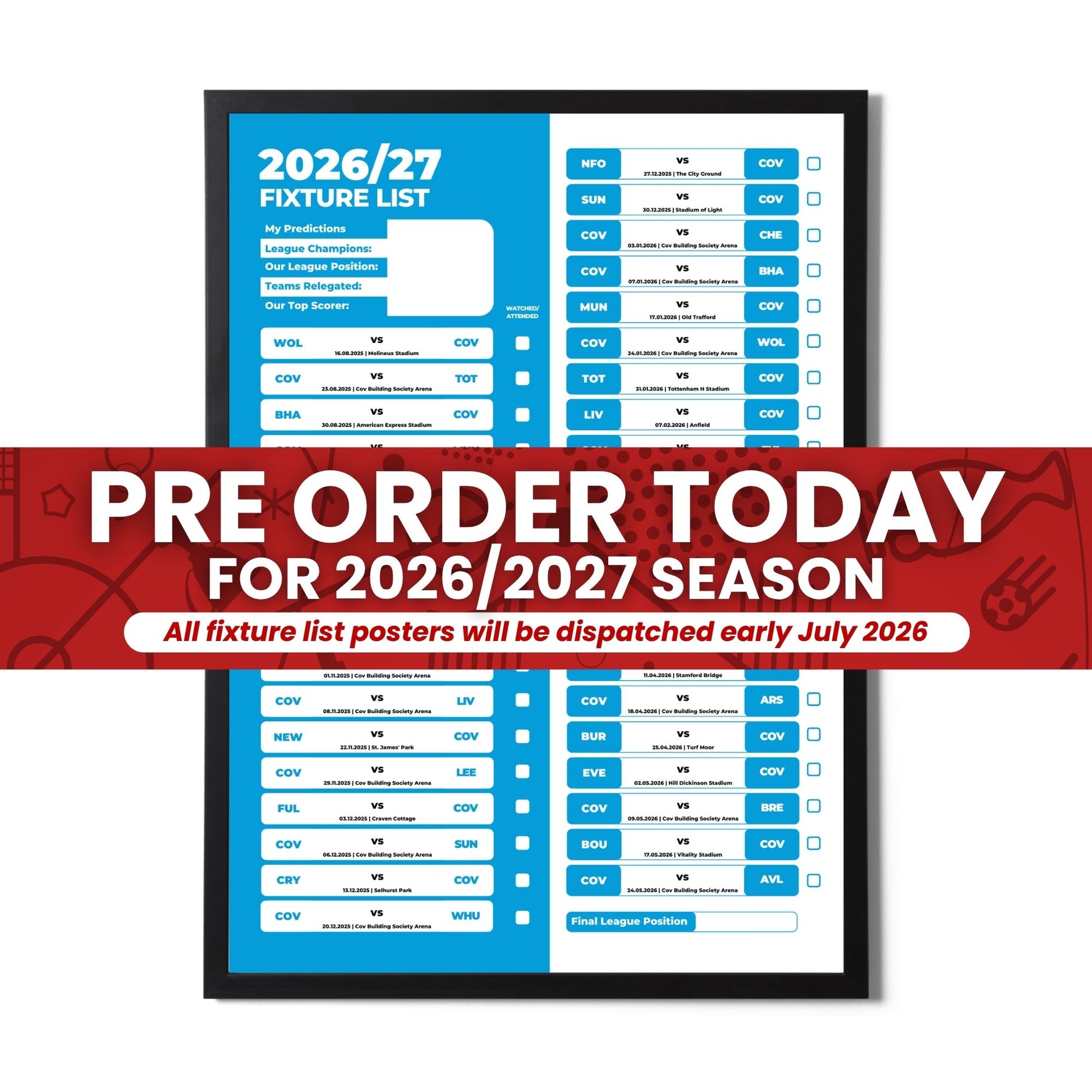 Pre Order Premier League Clubs - 2026/27 Fixture Poster