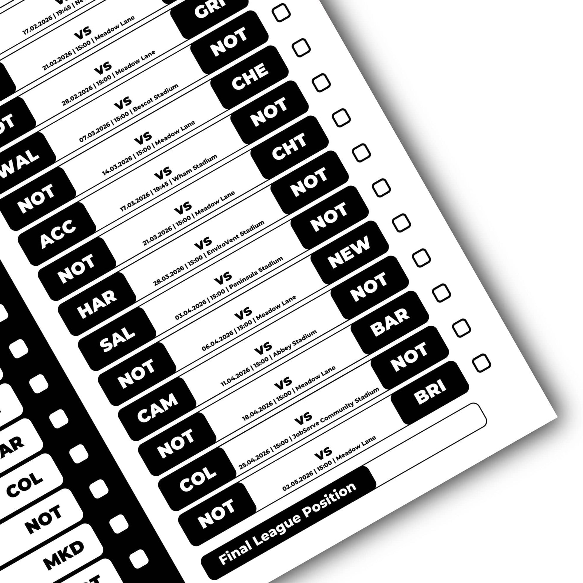 League 2 Clubs - 2025/26 Football Fixture Poster - A3 Size (29.7x42cm)
