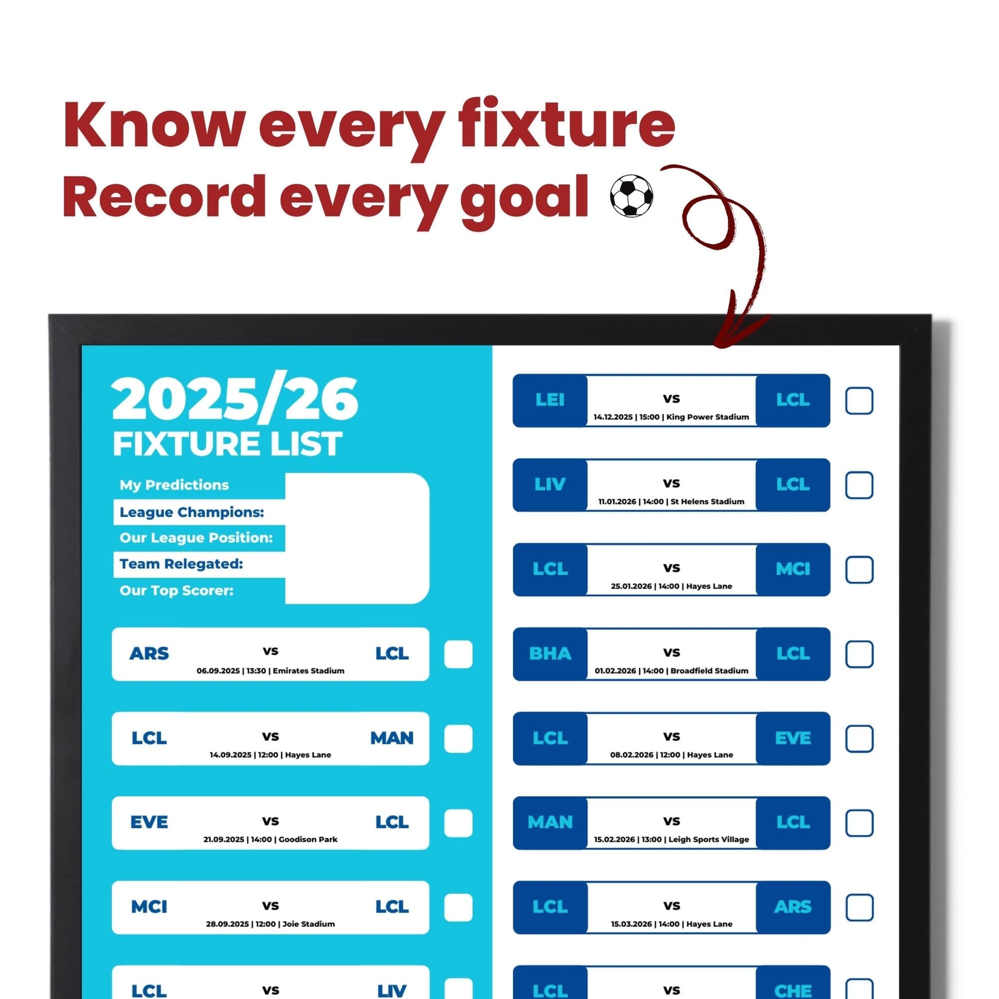 Women's Super League Clubs - 2025/26 Football Fixture Poster - A3 Size (29.7x42cm)