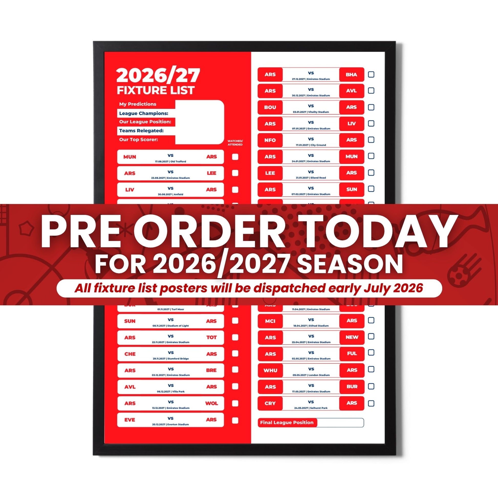 Pre Order Premier League Clubs - 2026/27 Fixture Poster