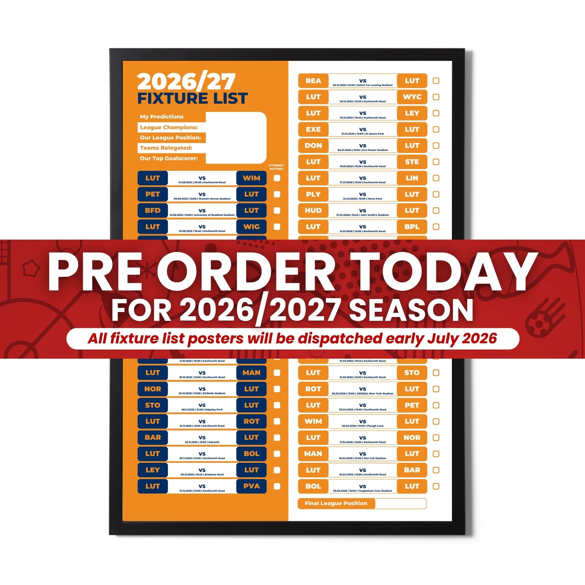 League 1 Clubs - 2026/27 Football Fixture Poster - Multiple Sizes