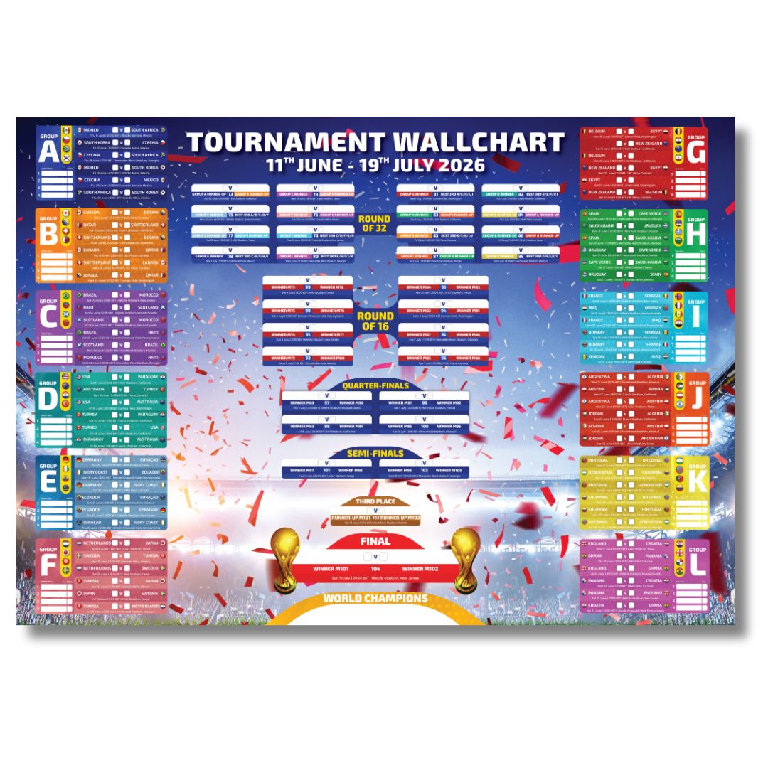 2026 World Cup Wallchart Bundle – Tournament Tracker with Flags, Sweepstake, Pen & Hanging Kit