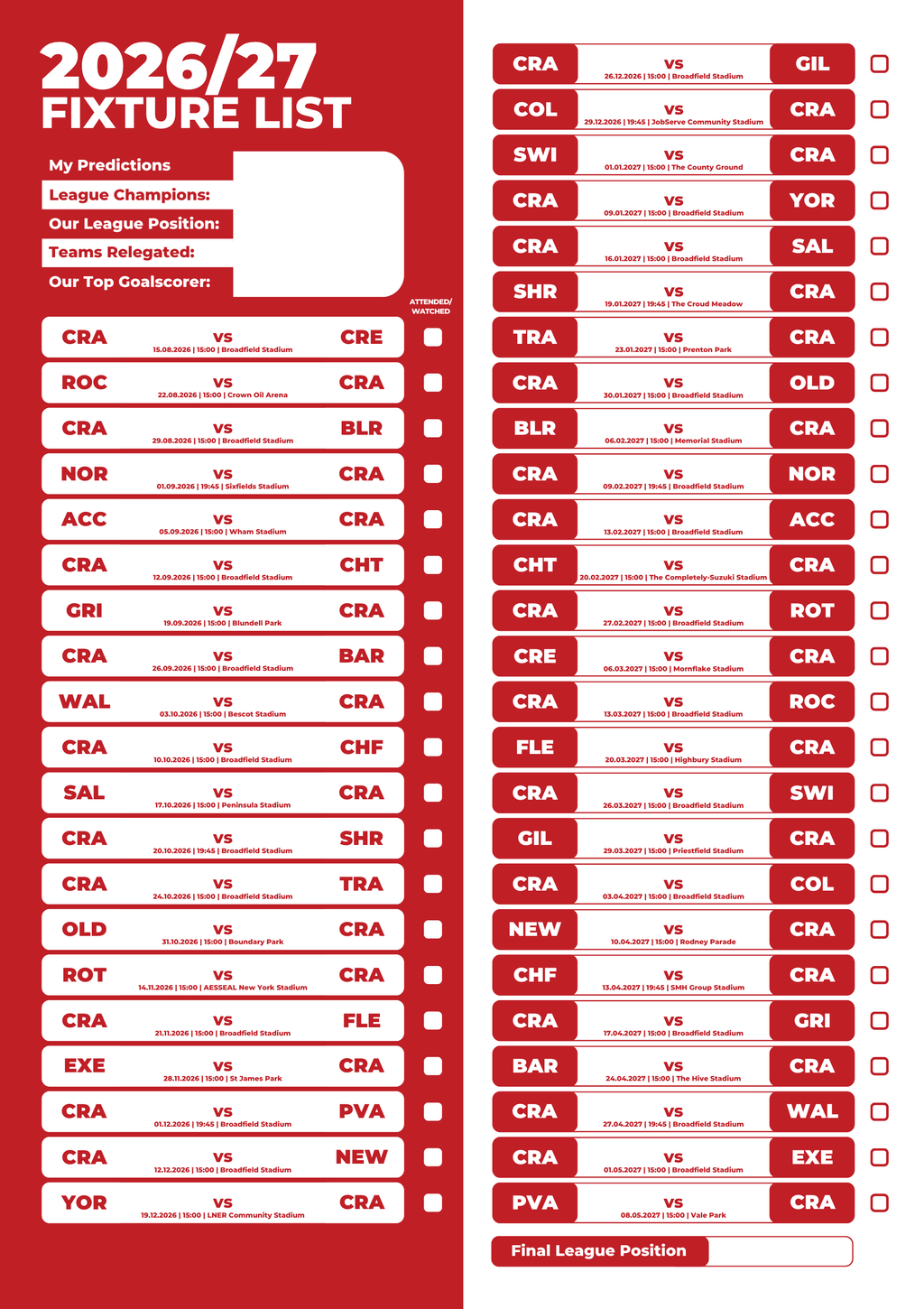 Crawley Town 2026/27 fixture poster — track every match of the season