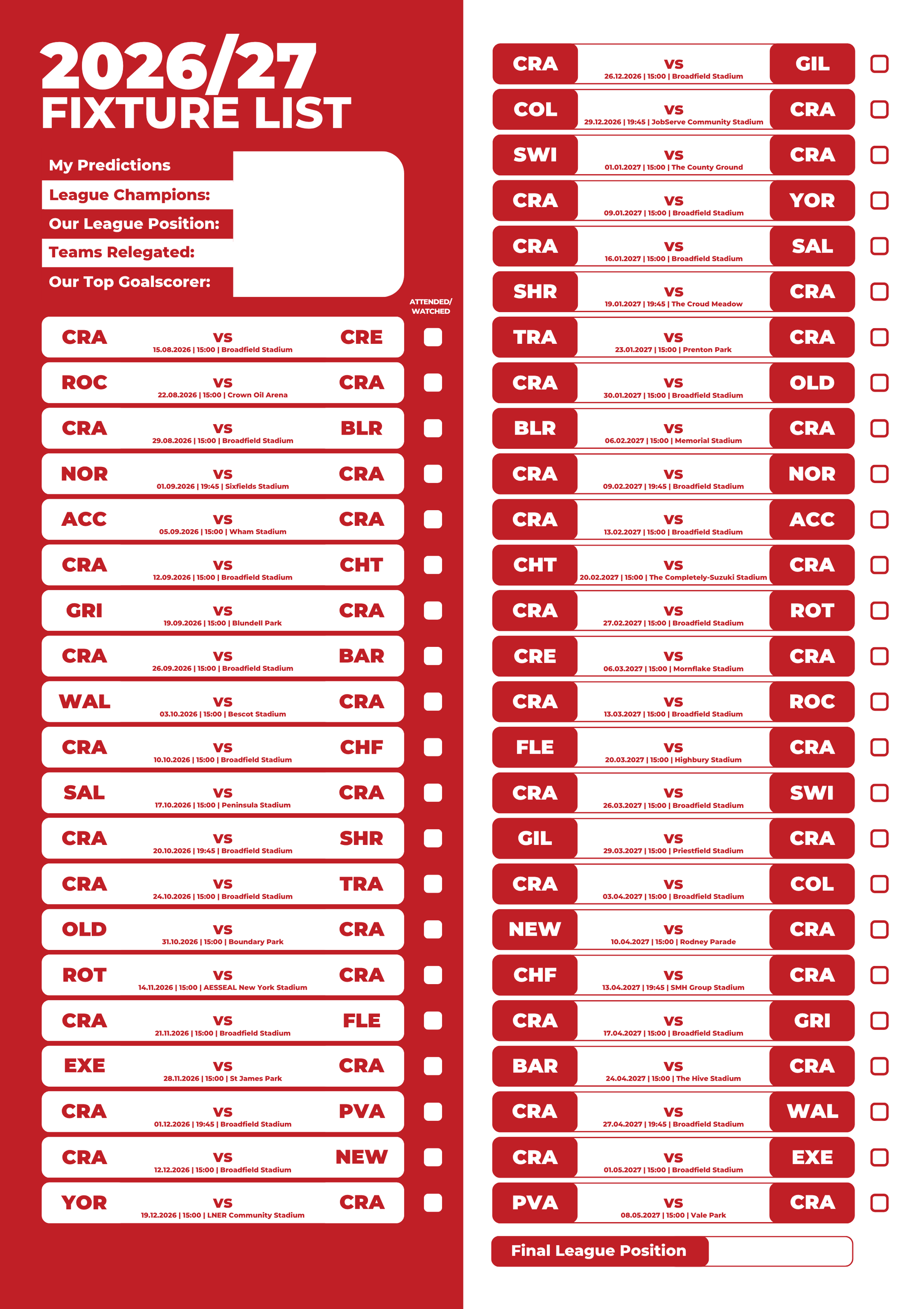 Crawley Town 2026/27 fixture poster — track every match of the season