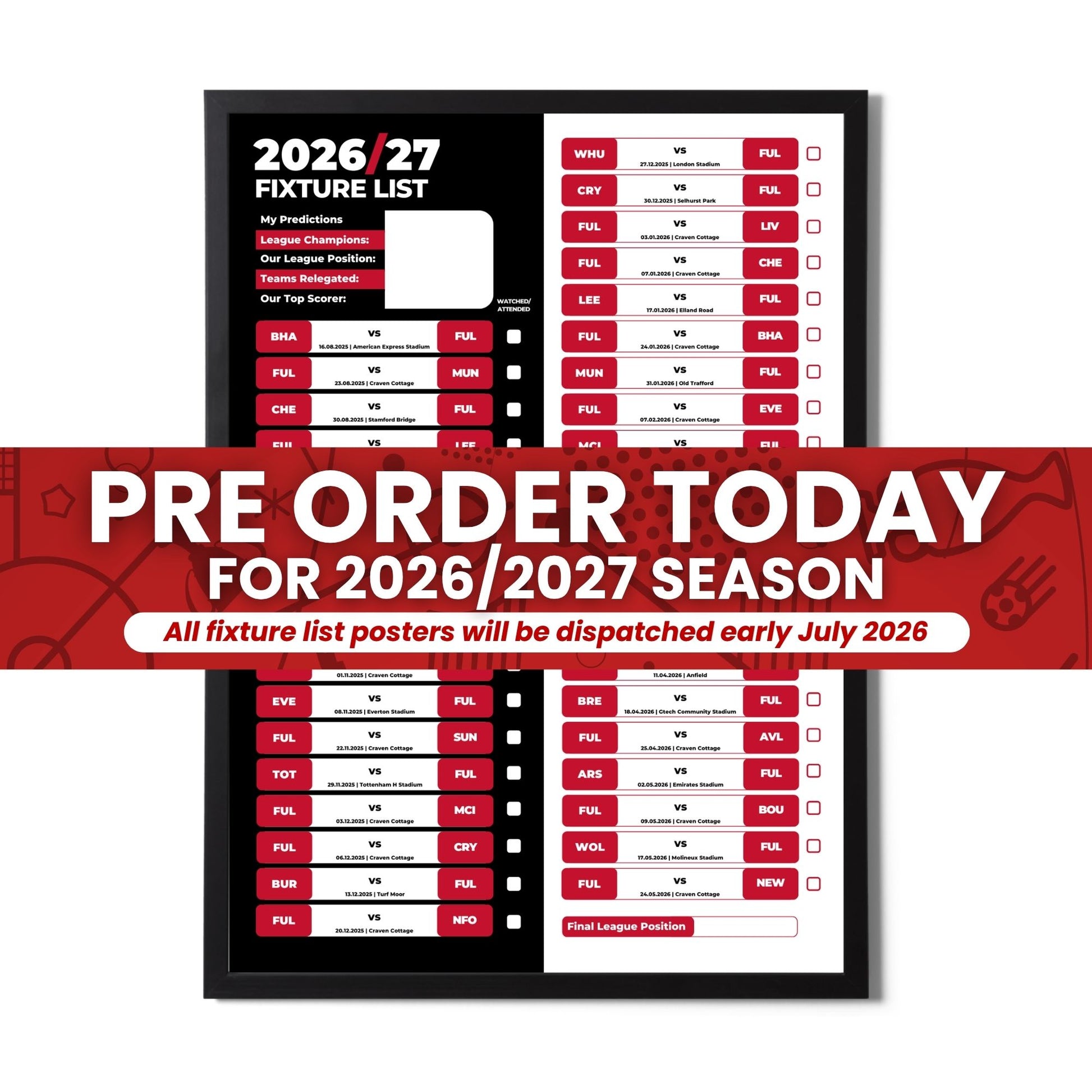 Pre Order Premier League Clubs - 2026/27 Fixture Poster