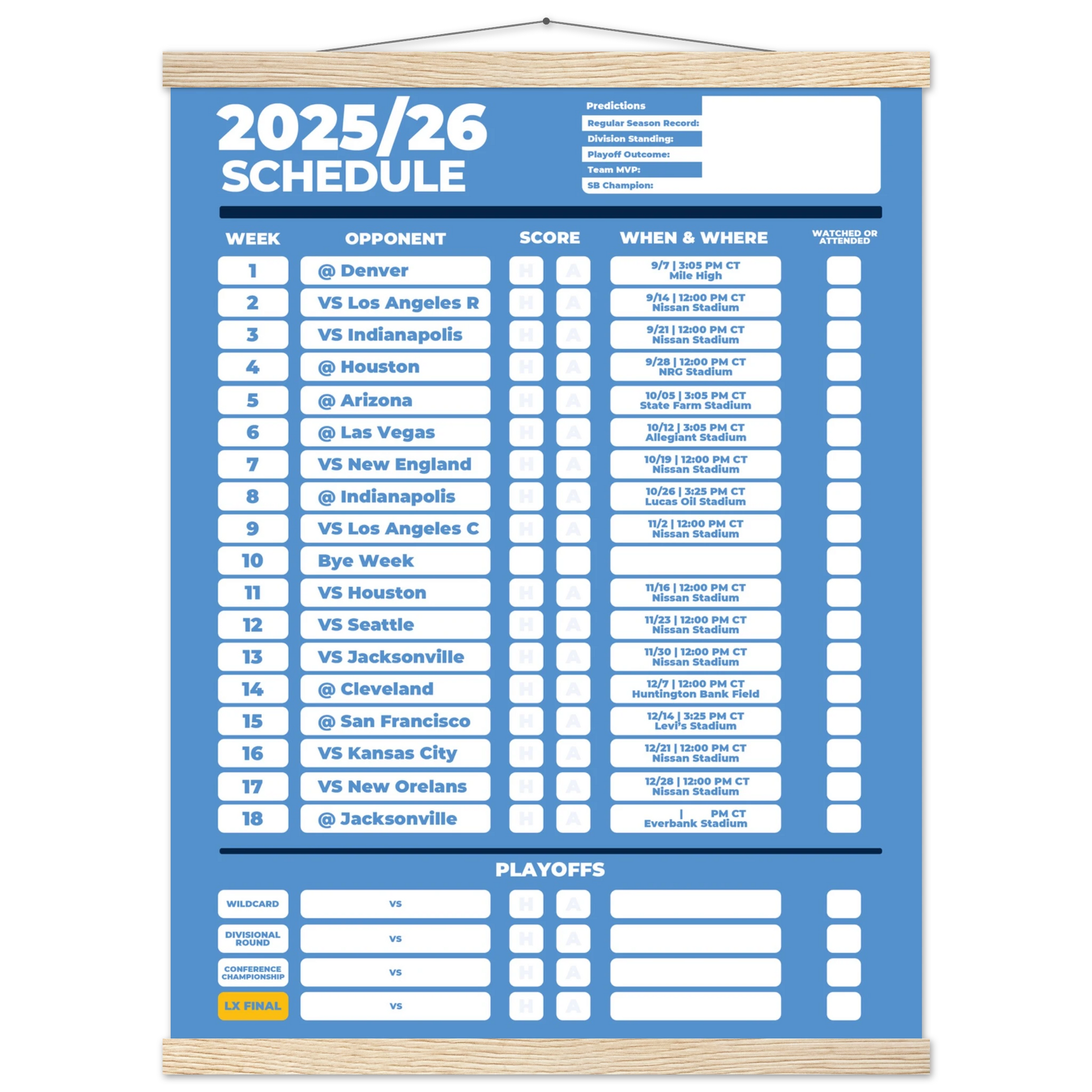 American Football Schedule Poster For 2025/26 Season - Poster with Wooden Magnetic Hangers