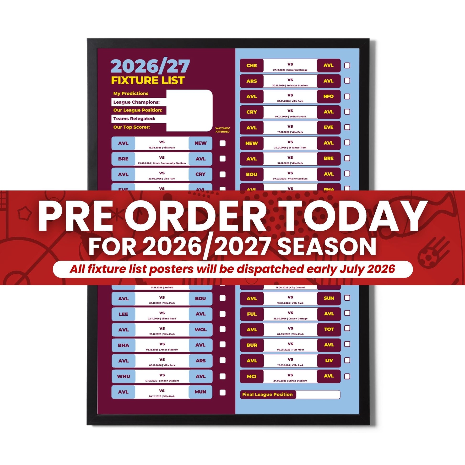 Pre Order Premier League Clubs - 2026/27 Fixture Poster