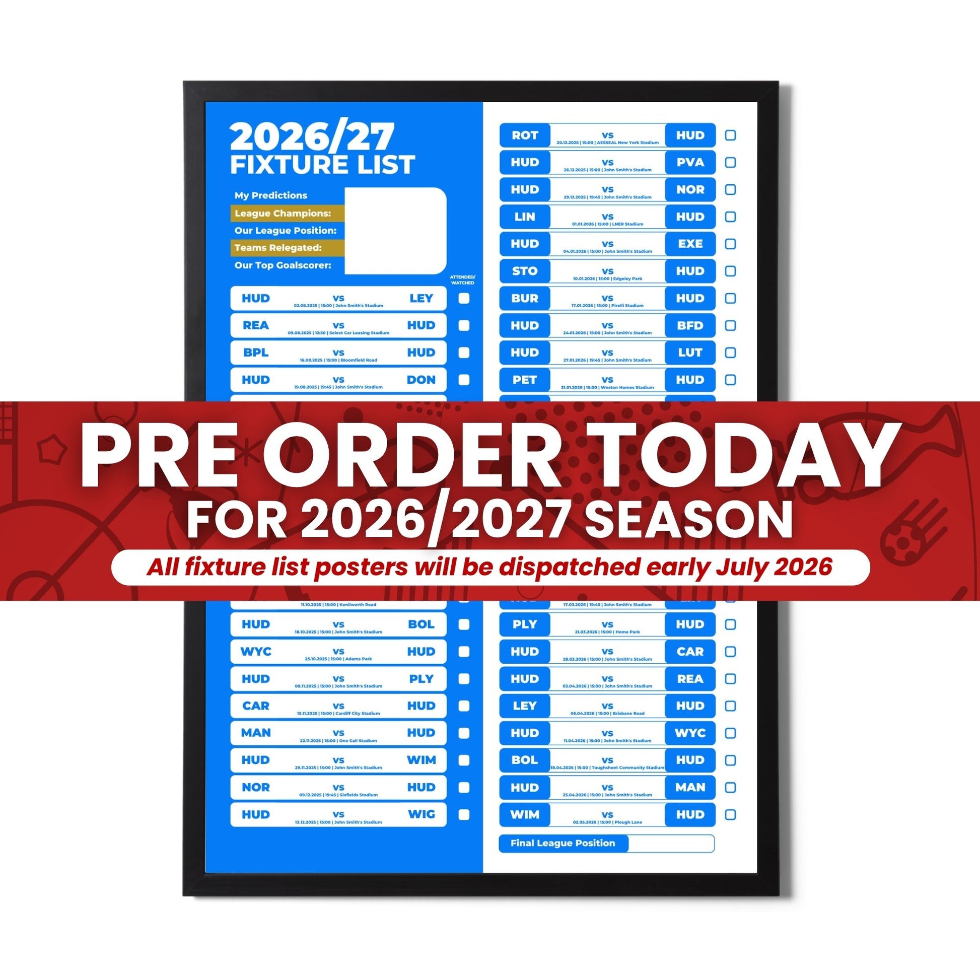League 1 Clubs - 2026/27 Football Fixture Poster - Multiple Sizes