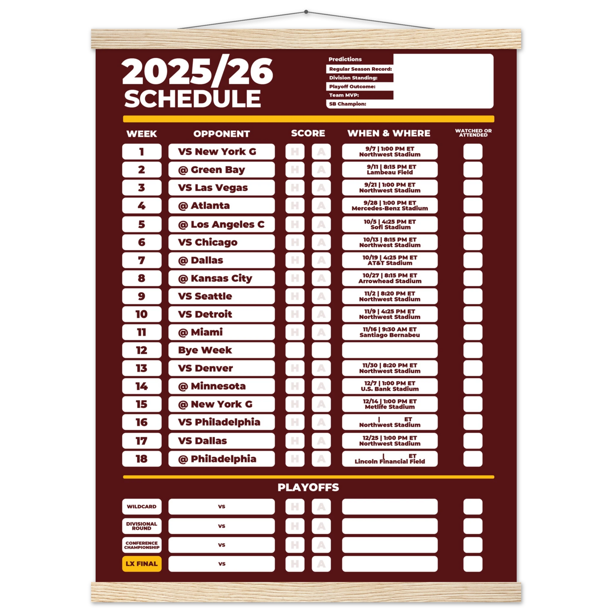 American Football Schedule Poster For 2025/26 Season - Poster with Wooden Magnetic Hangers