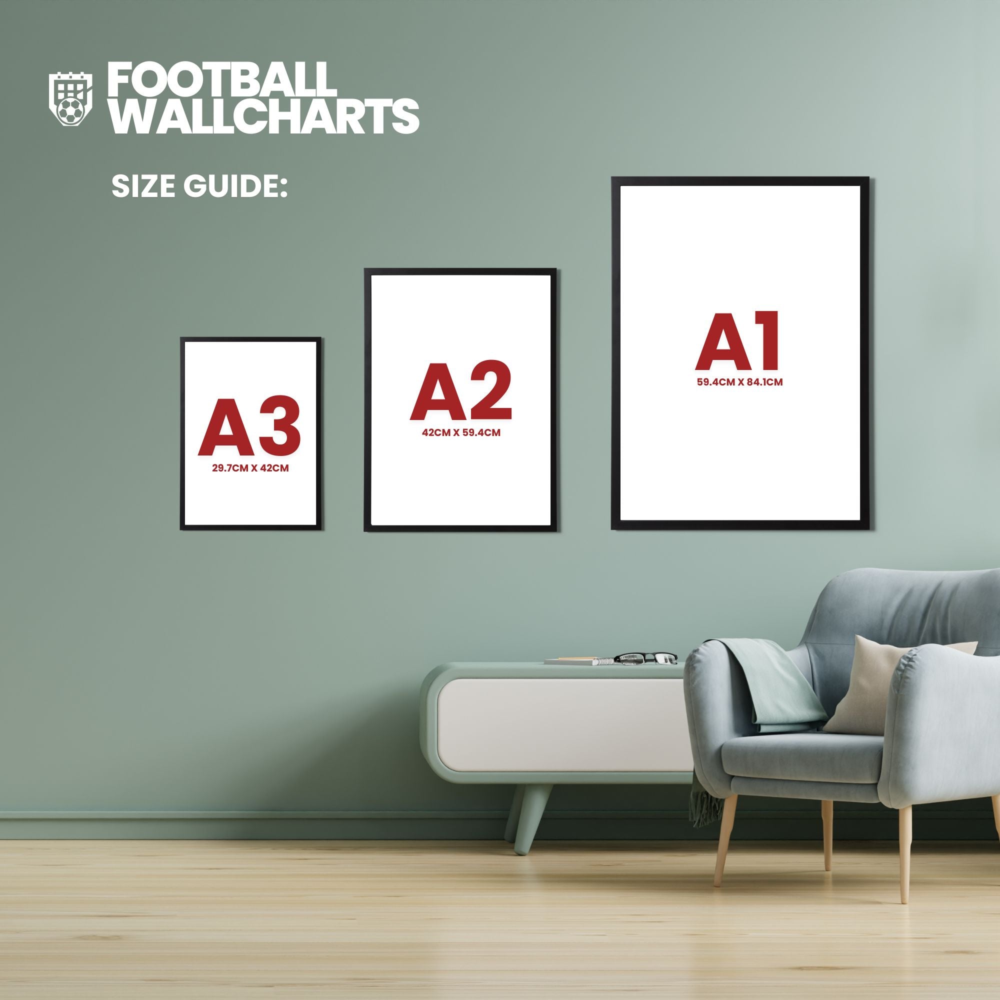 Football Wallcharts size guide — A3, A2 and A1 dimensions